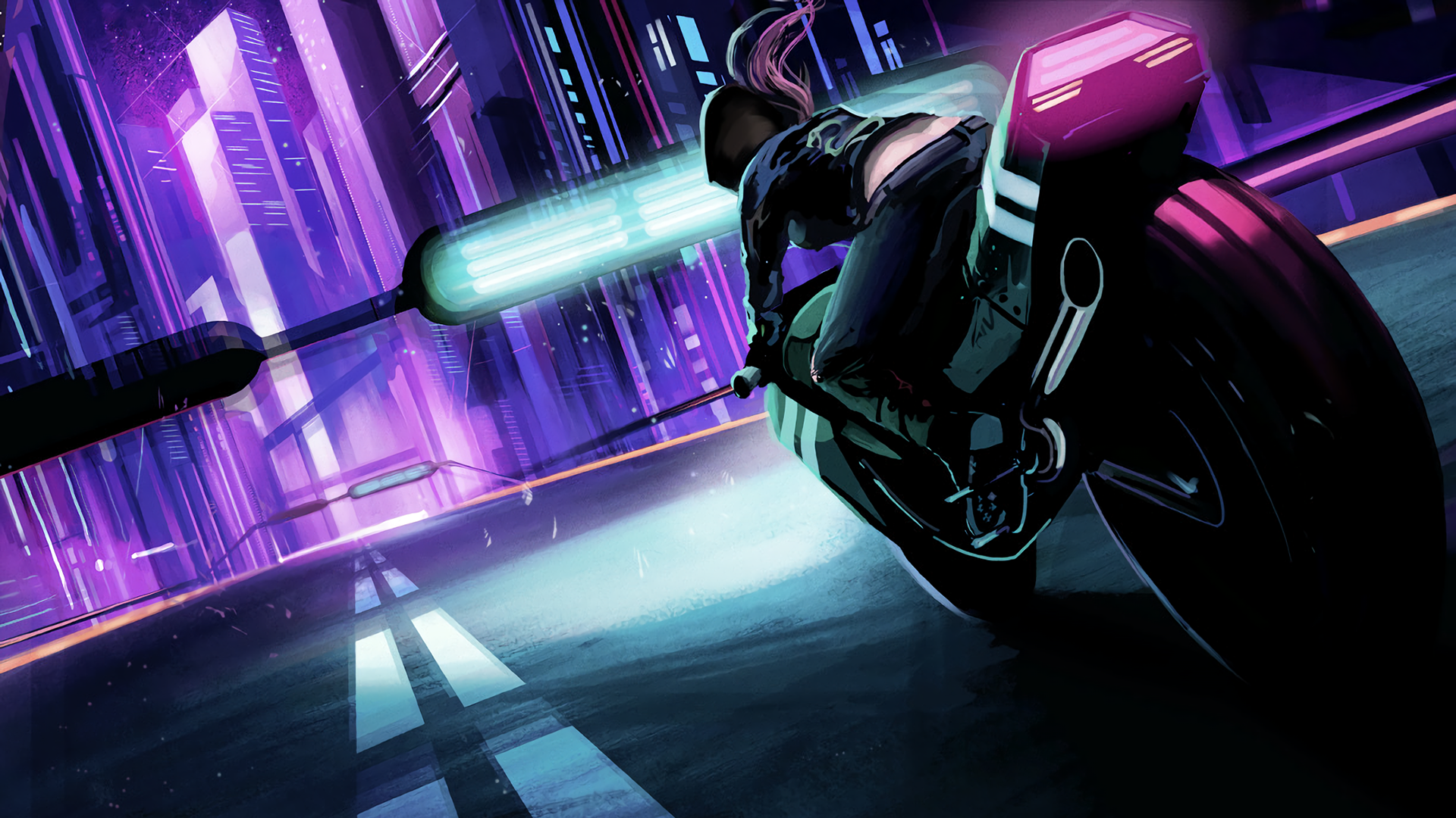 Cyberpunk girl riding a motorcycle through a neon city HD Wallpaper