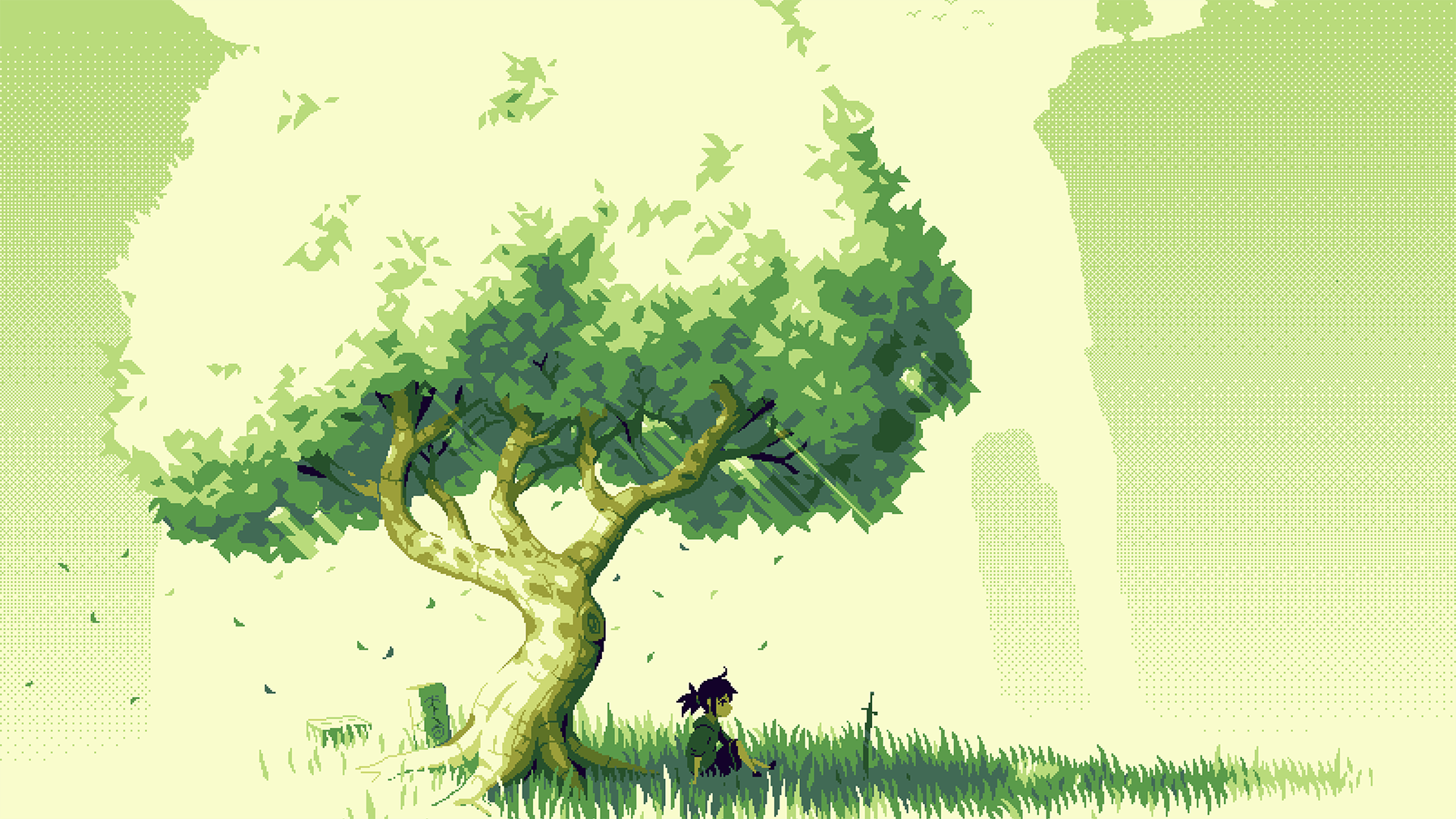 Pixel art of a person sitting under a tree with a sword HD Wallpaper