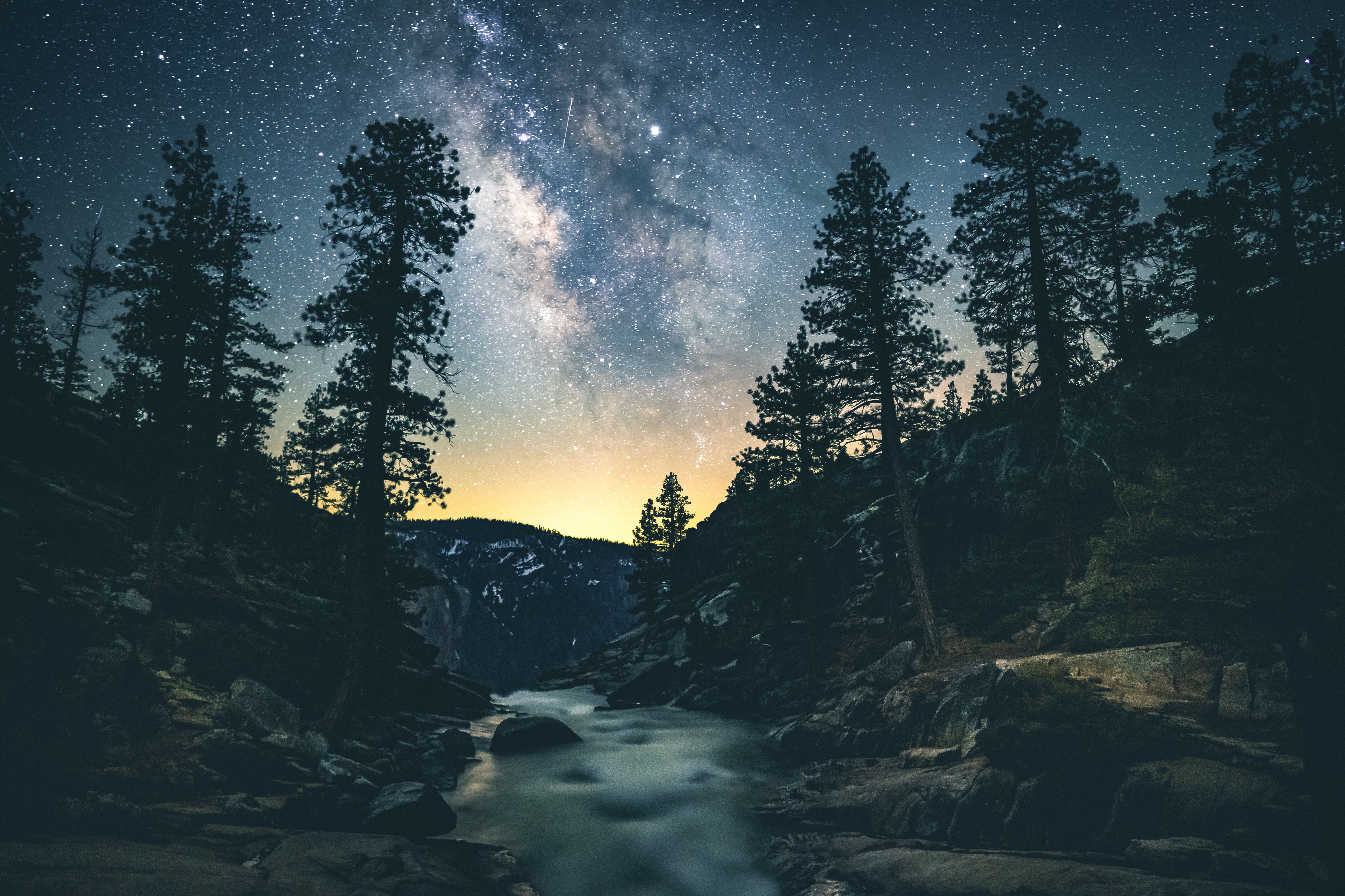Milky Way over a river and trees HD Wallpaper
