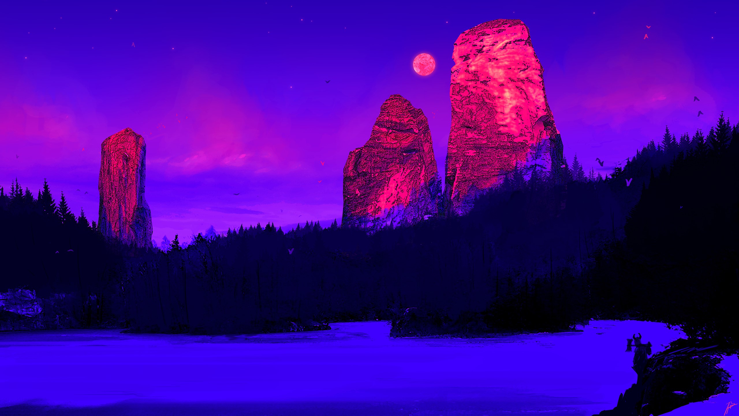 Fantasy landscape with rock formations and moon HD Wallpaper