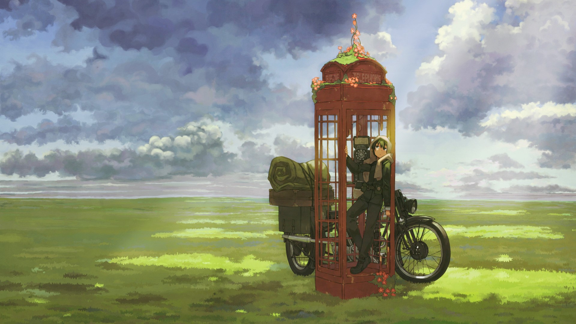 Kino from Kino's Journey with a motorcycle and phone booth HD Wallpaper