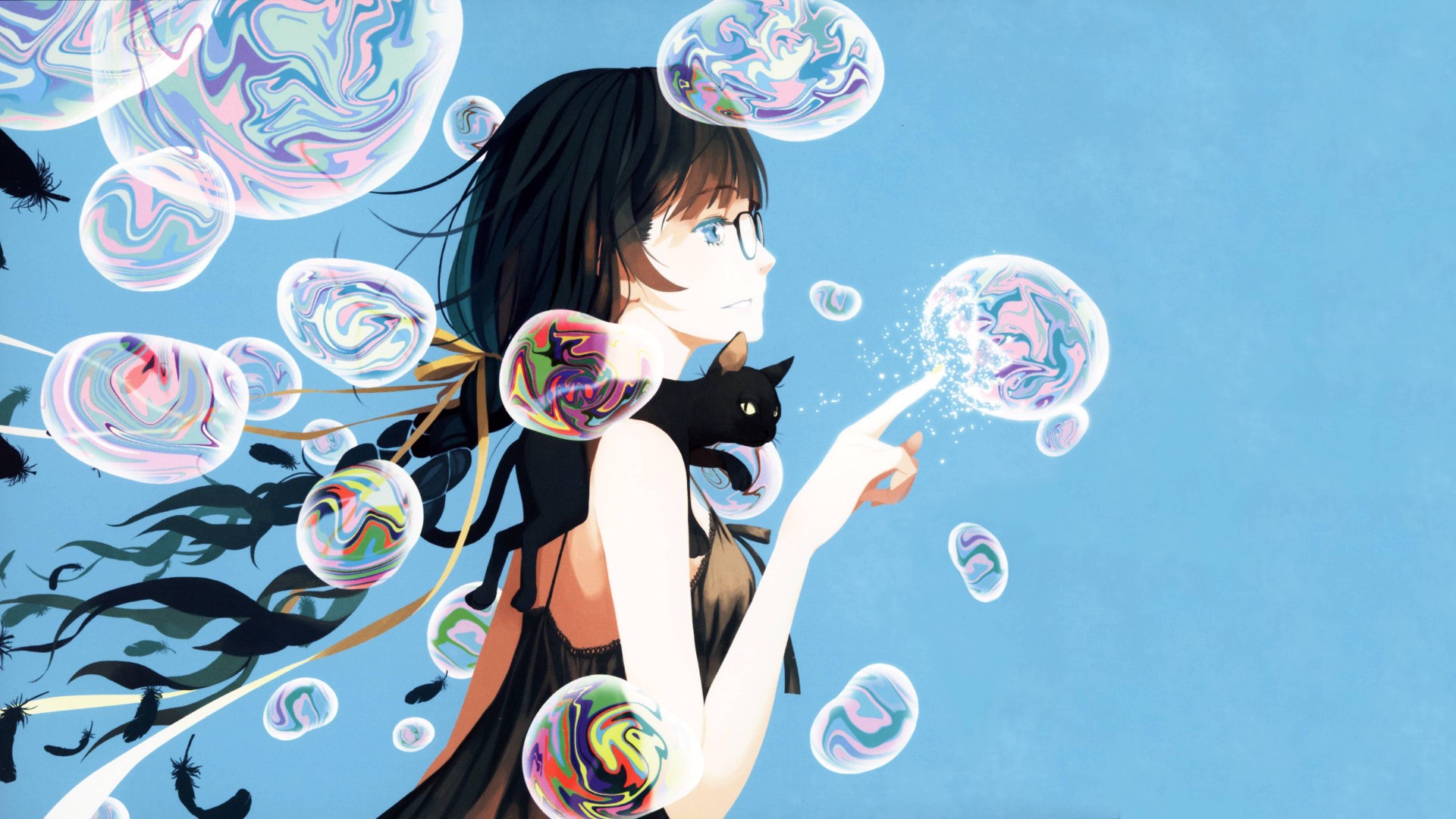 Hanekawa Tsubasa from Monogatari Series with cat and bubbles HD Wallpaper