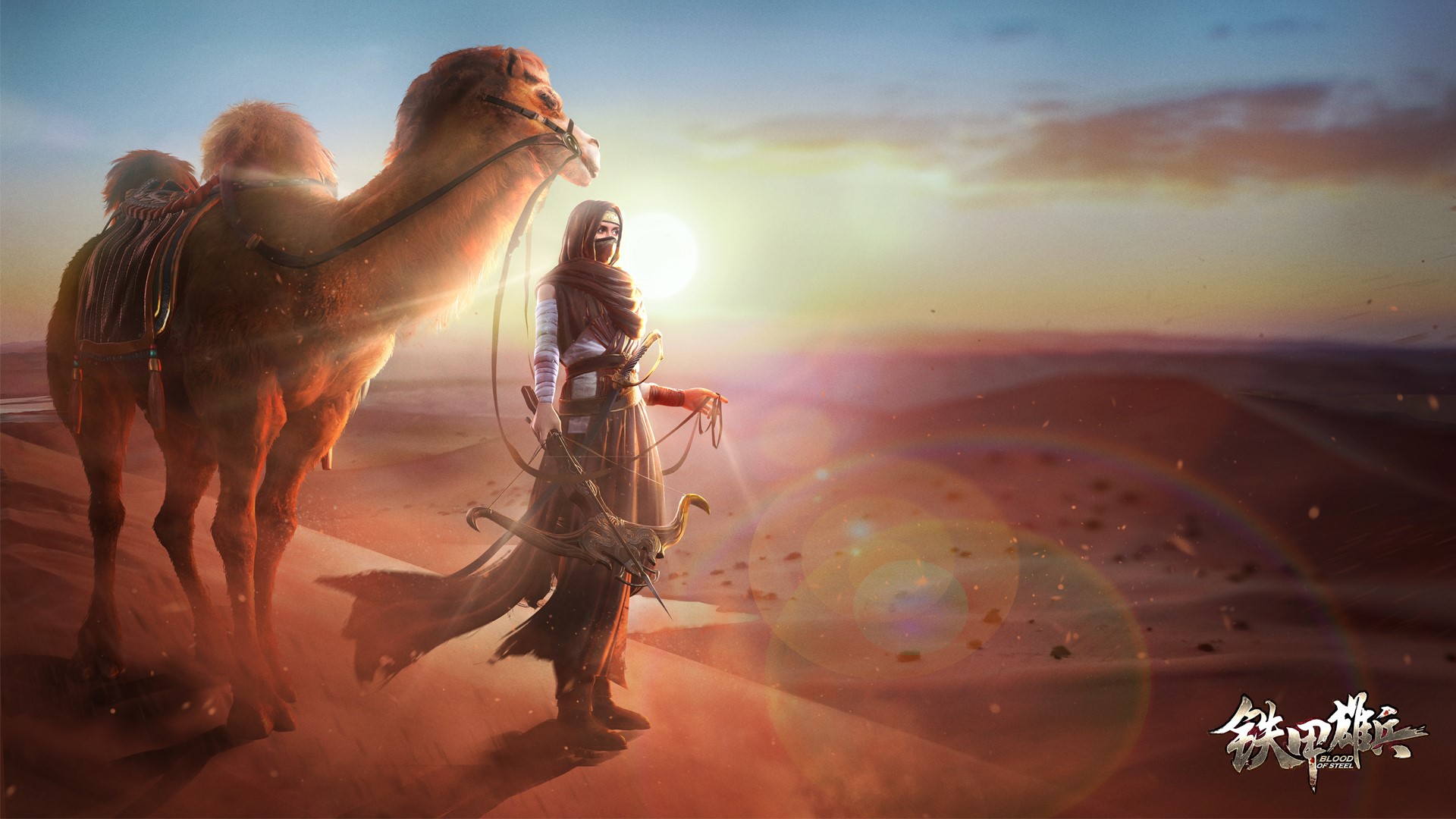 Woman with a crossbow and camel in the desert HD Wallpaper