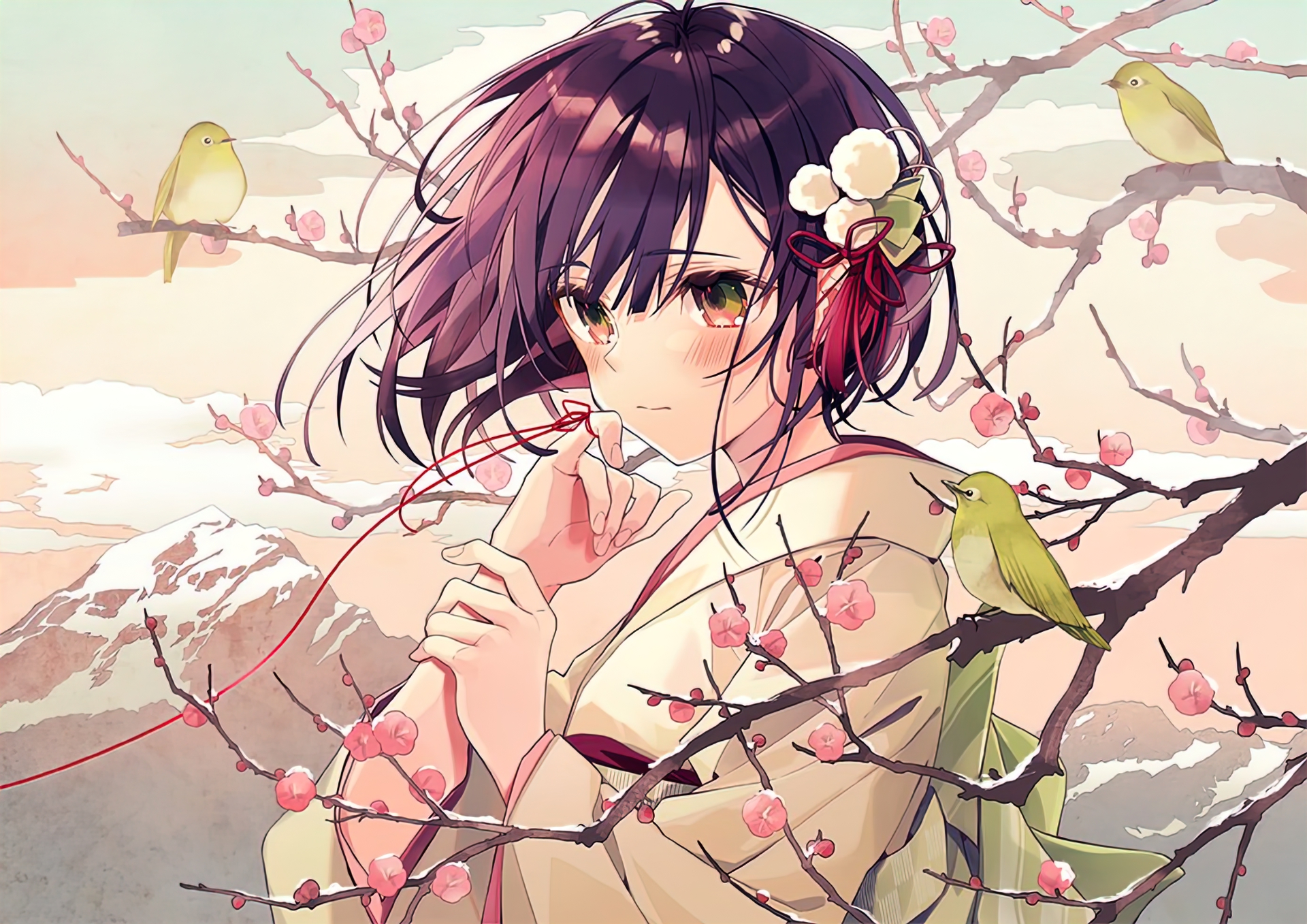 Girl in Kimono with Birds and Cherry Blossoms HD Wallpaper