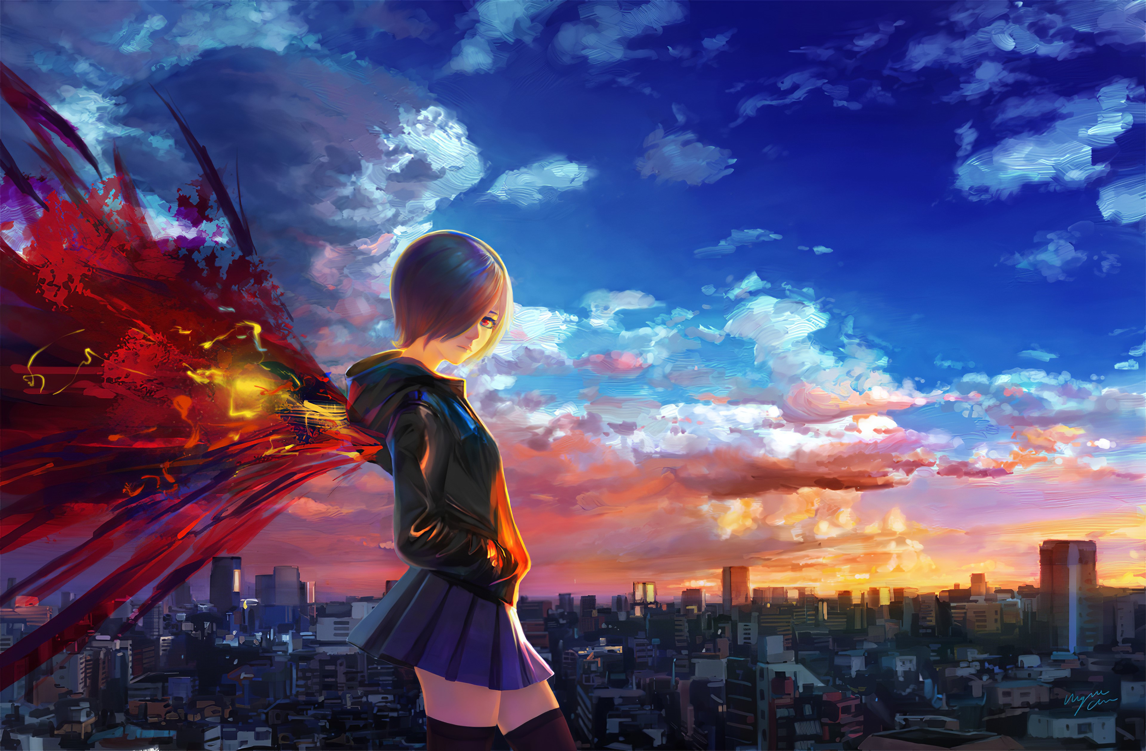 Kirishima Touka from Tokyo Ghoul with wings over cityscape HD Wallpaper