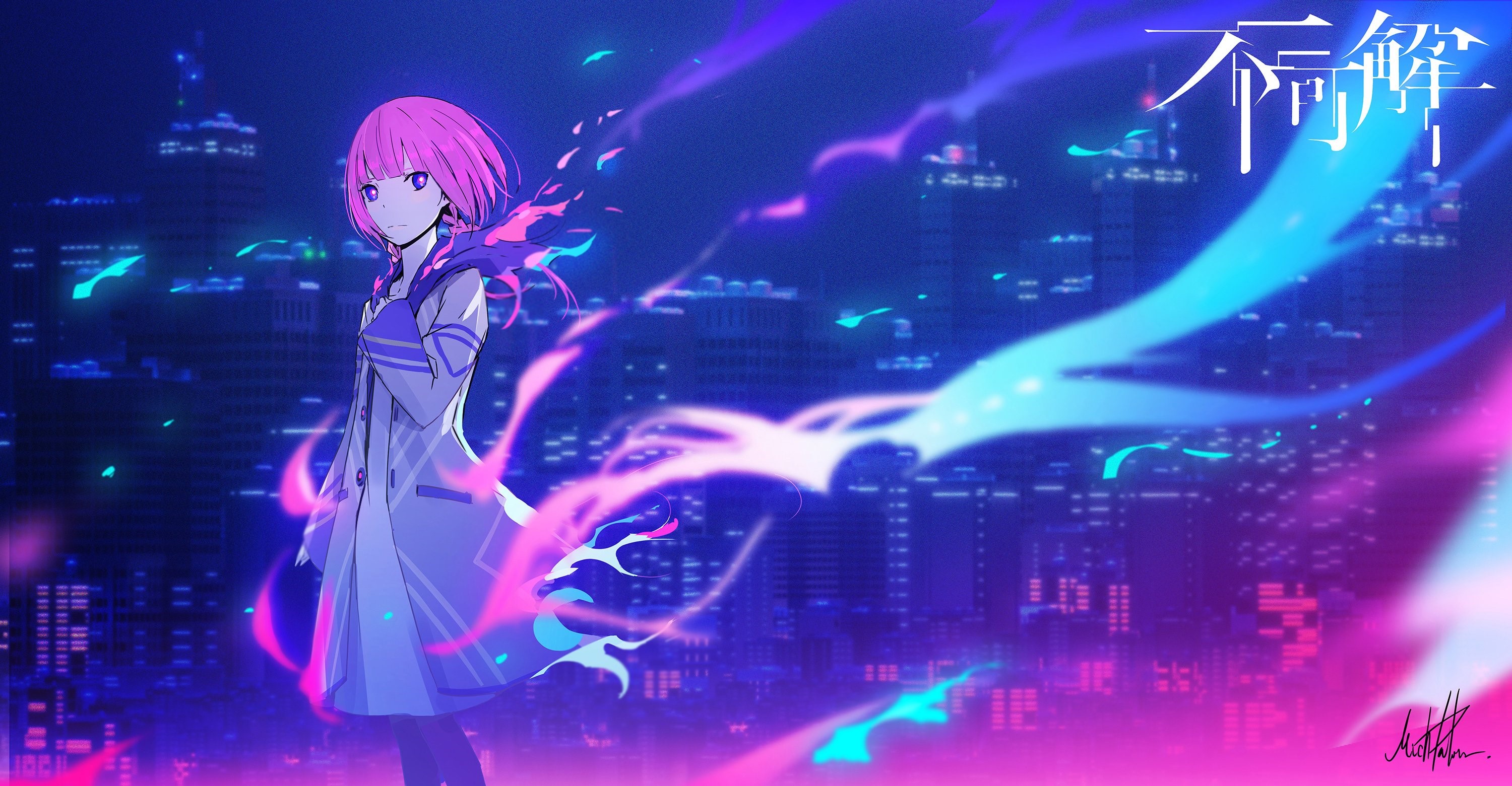 Anime girl with pink hair in a city at night HD Wallpaper