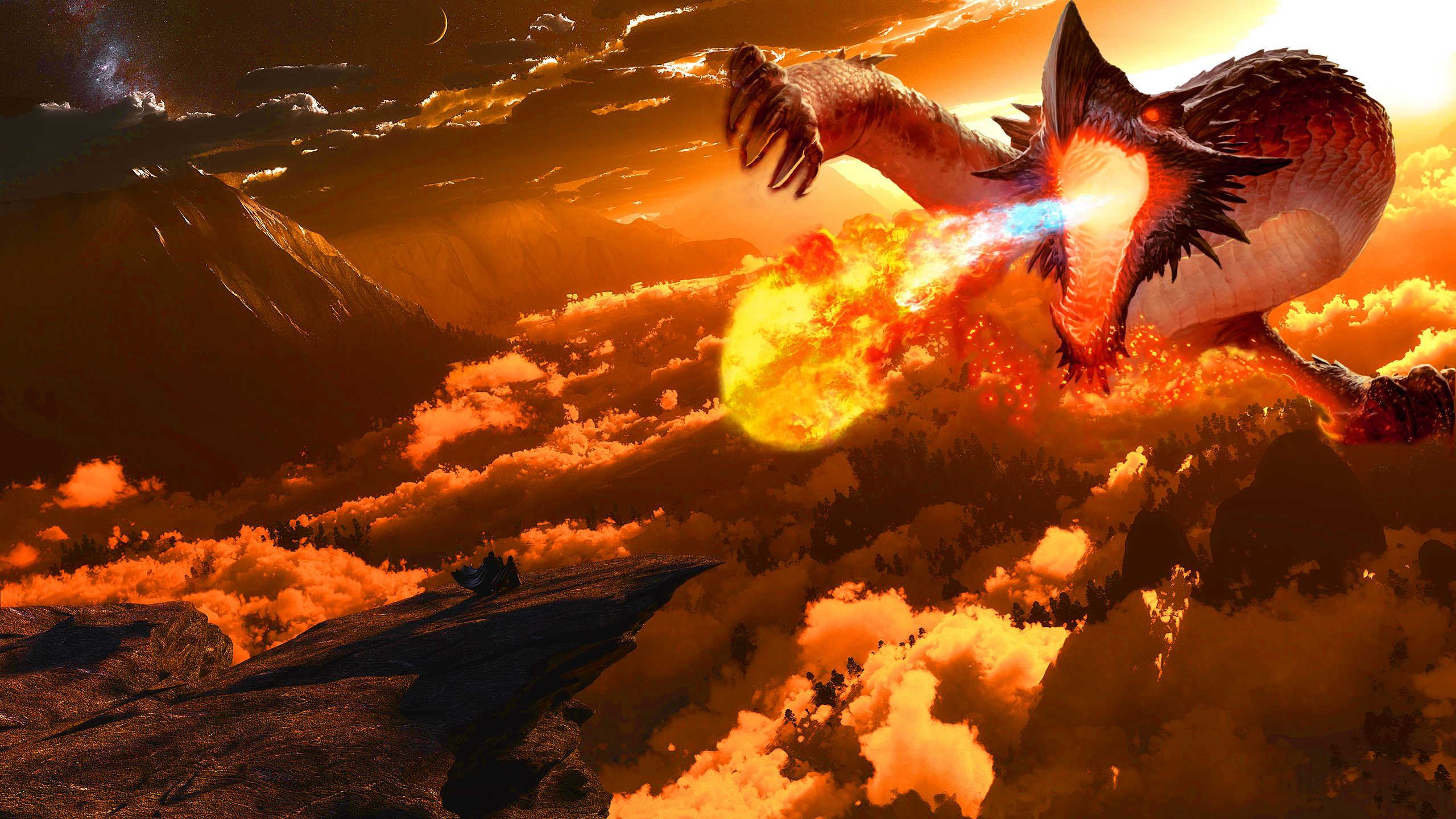Dragon breathing fire over clouds and mountains HD Wallpaper