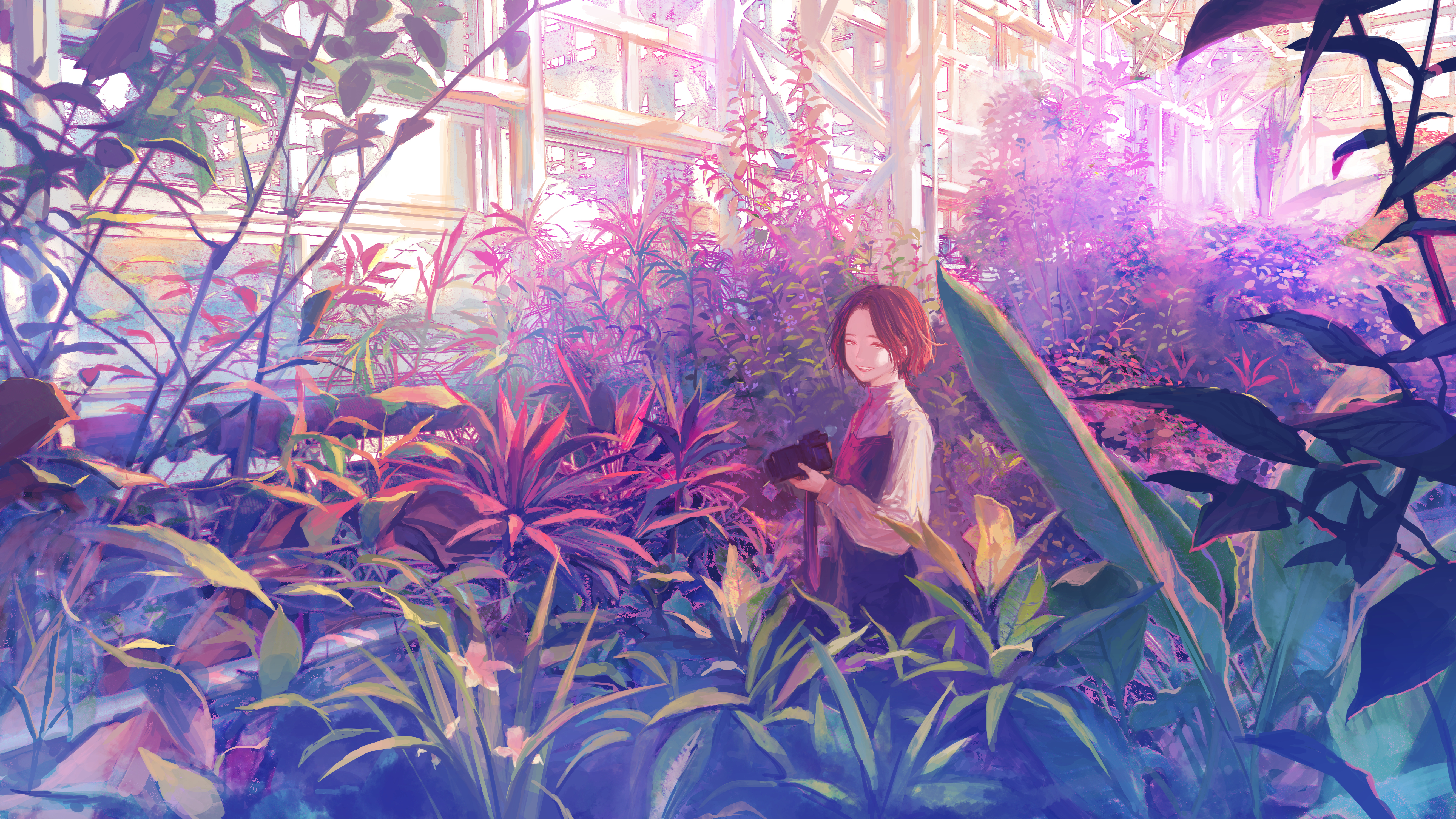Girl with Camera in Greenhouse 4K HD Wallpaper