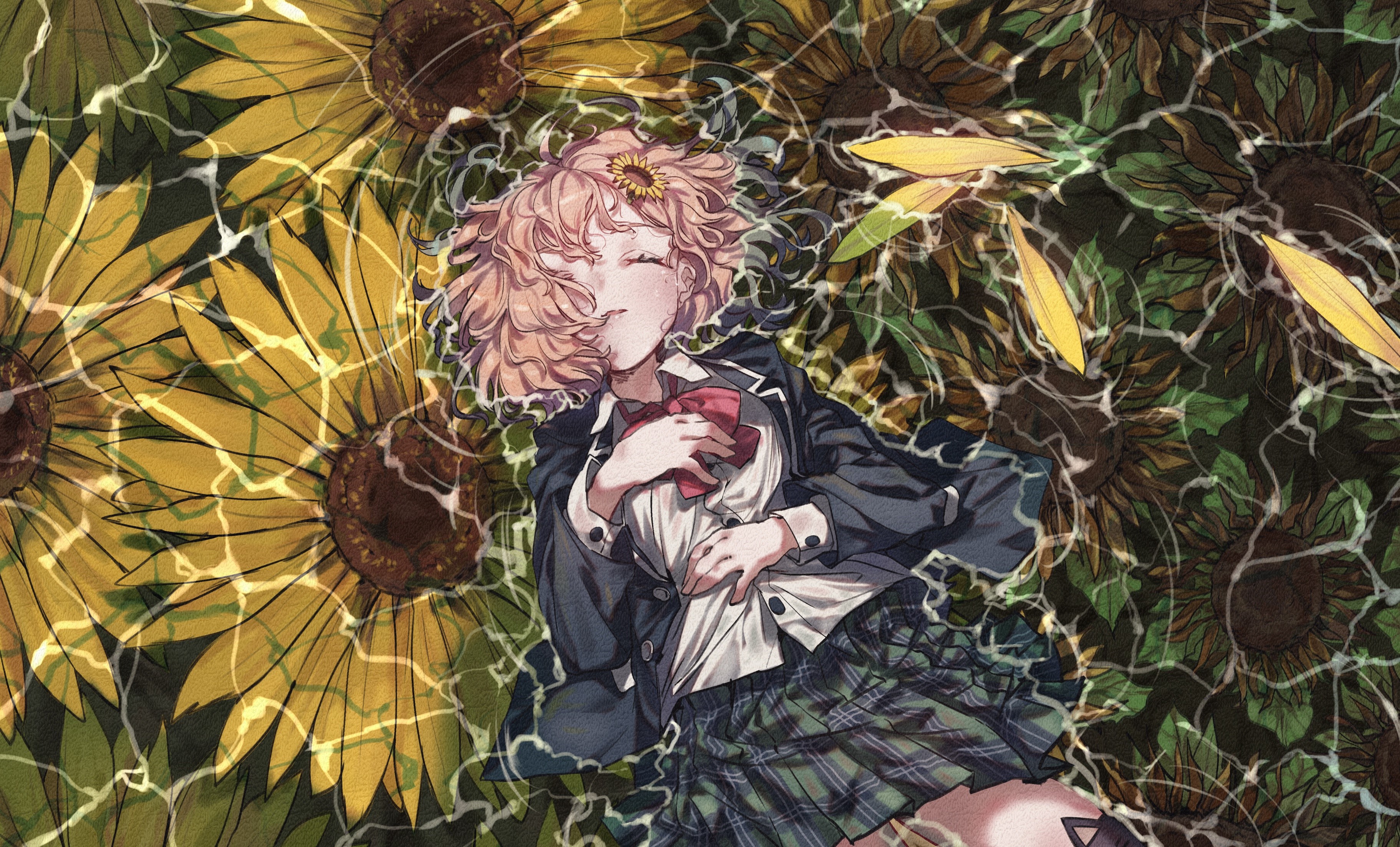 Anime girl lying in sunflowers HD Wallpaper