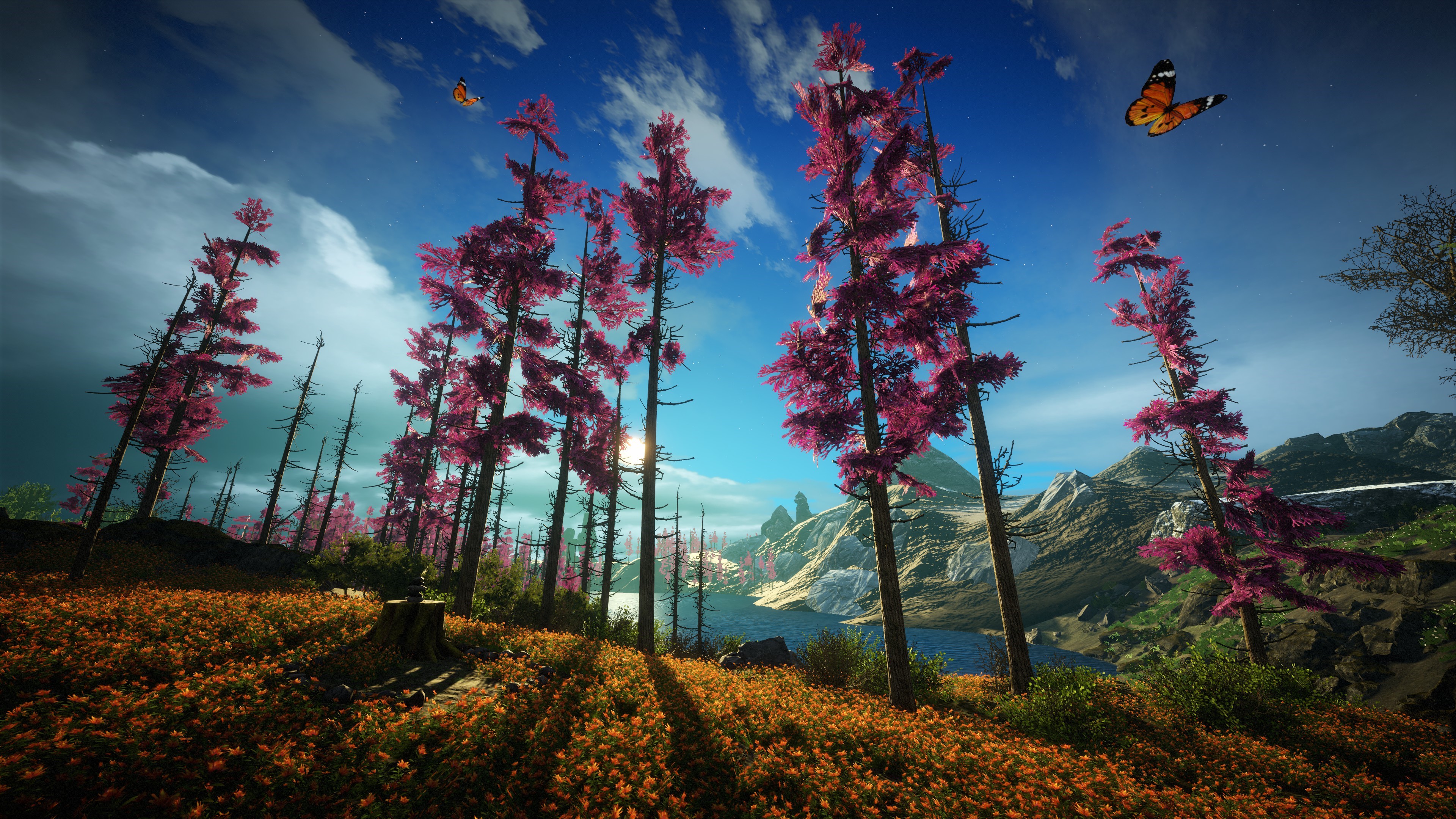 4K alien forest with butterflies and mountains HD Wallpaper