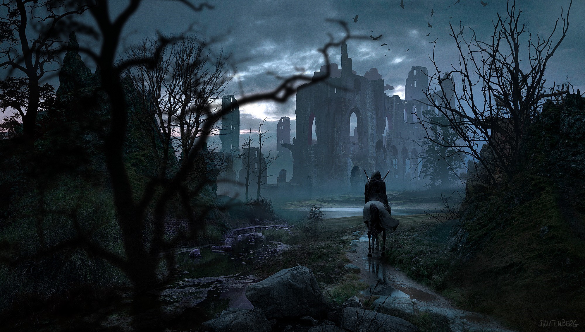 Knight on horseback near castle ruins by Kamila Szutenberg HD Wallpaper
