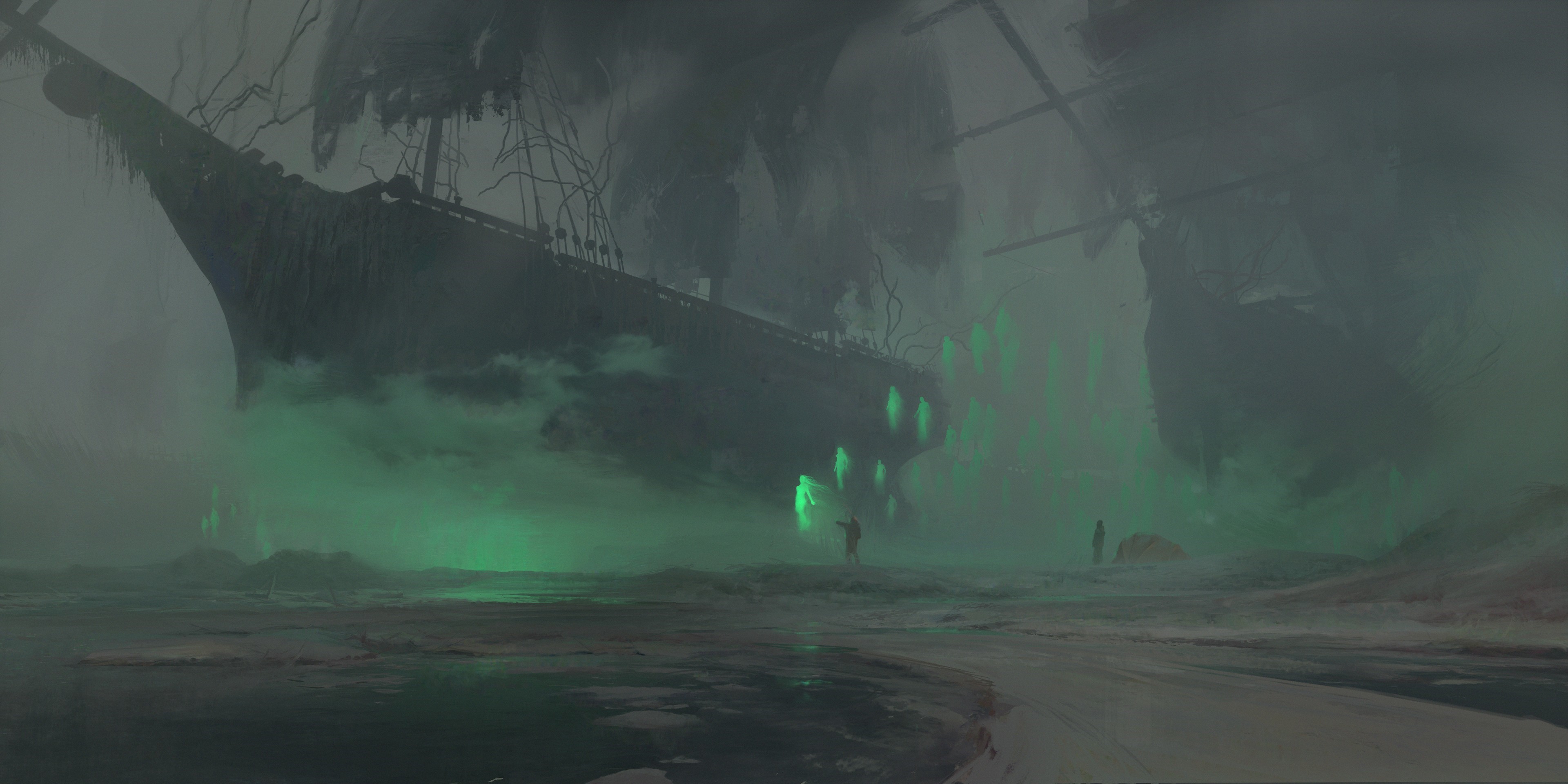 Artwork of a ghost ship with green spectral figures HD Wallpaper