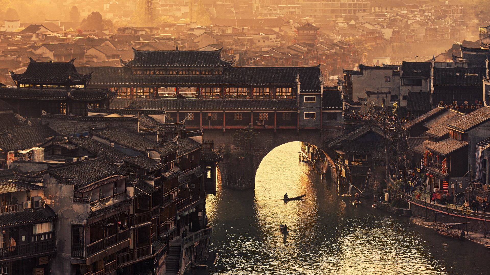 Ancient Chinese city with a river and bridge HD Wallpaper