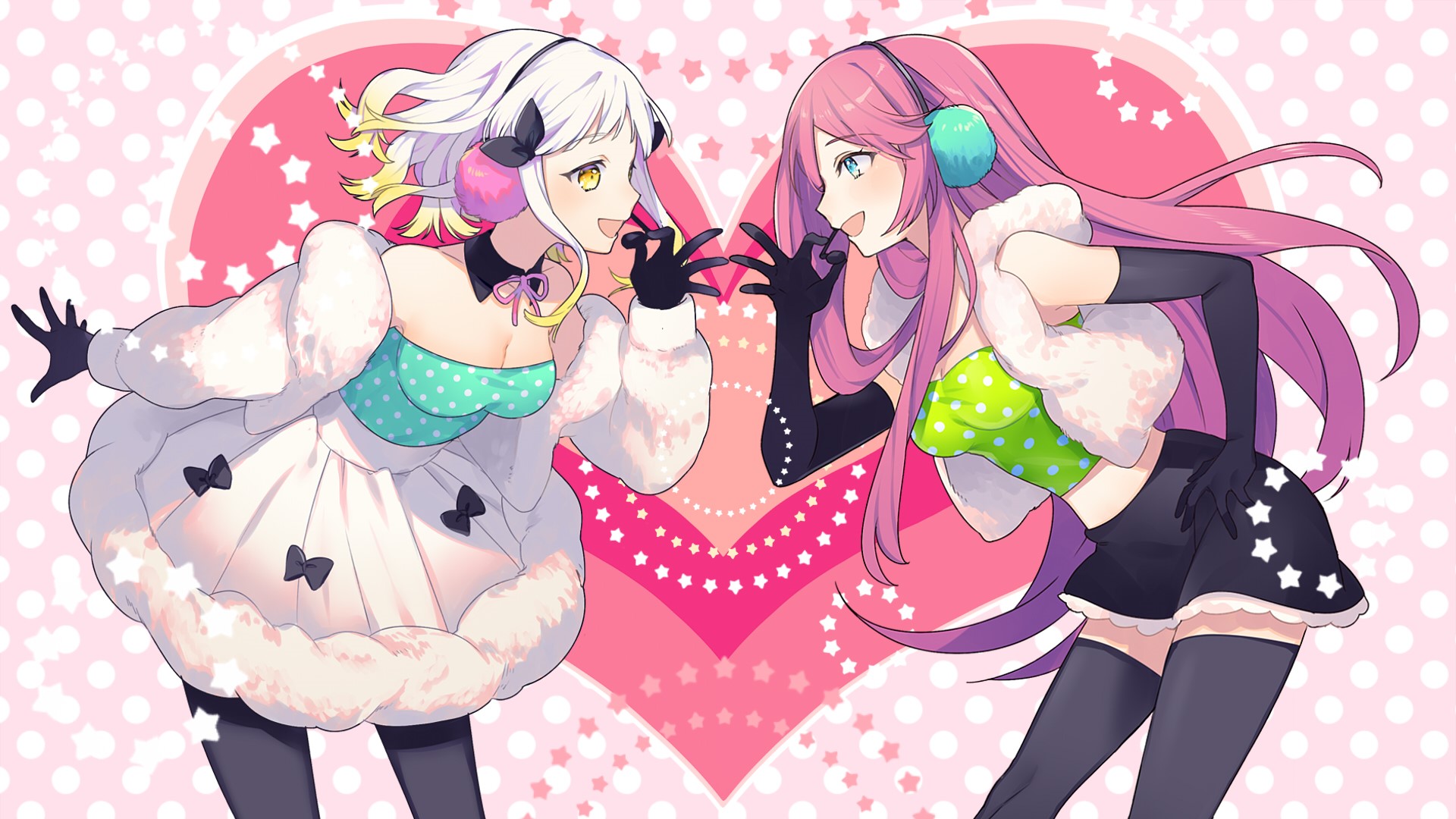 Two anime girls with pink and white hair HD Wallpaper