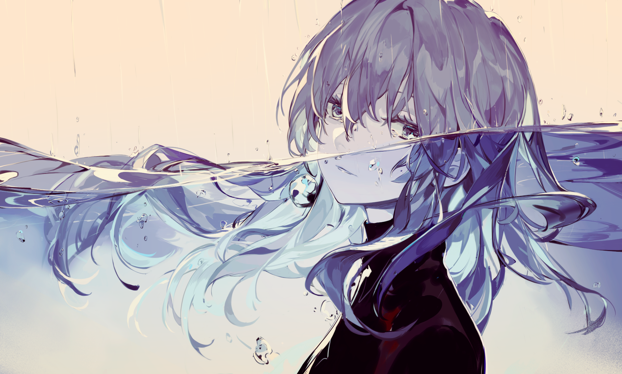 Anime girl with gray hair and eyes underwater HD Wallpaper