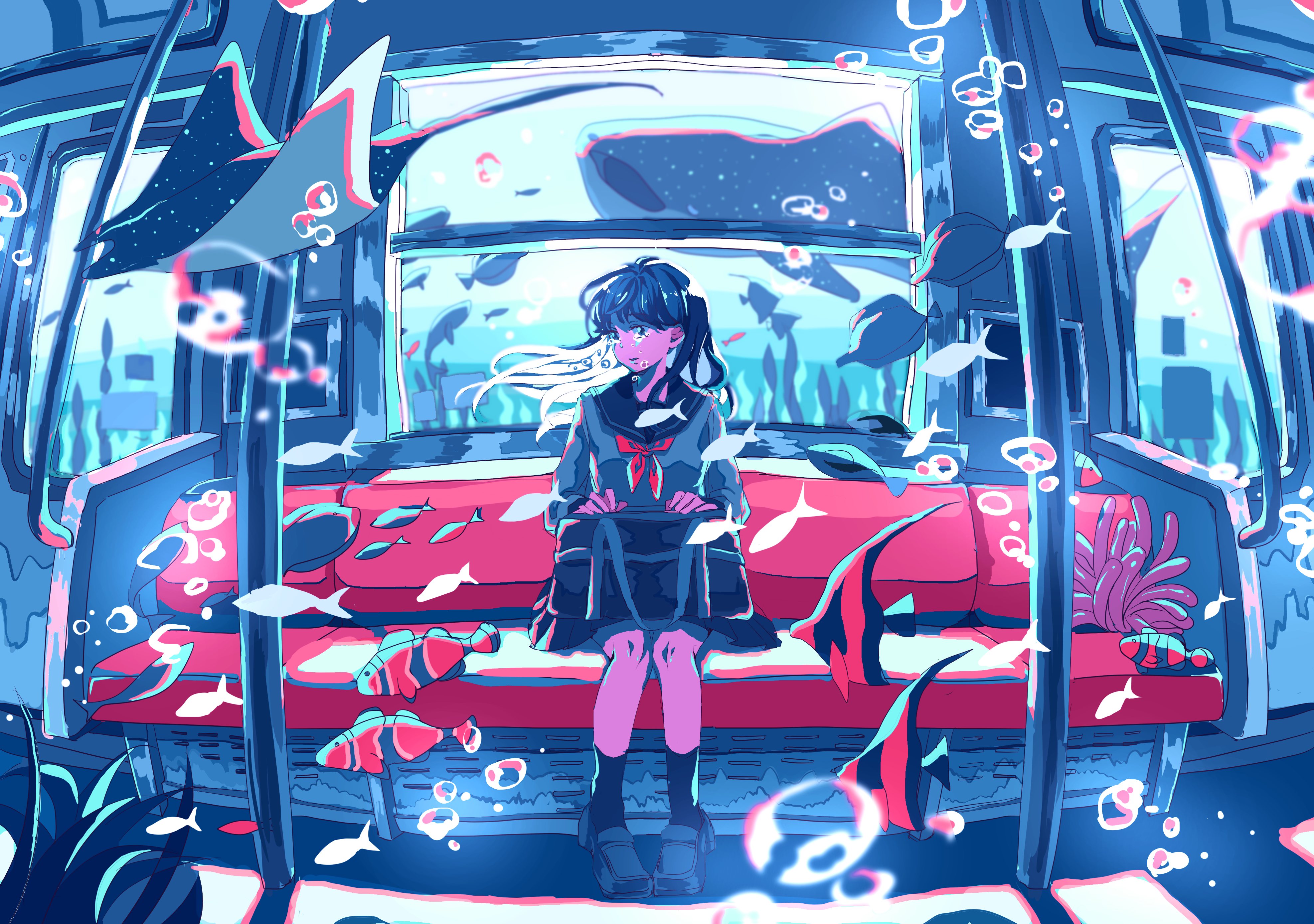 Anime girl in school uniform on a surreal underwater train HD Wallpaper