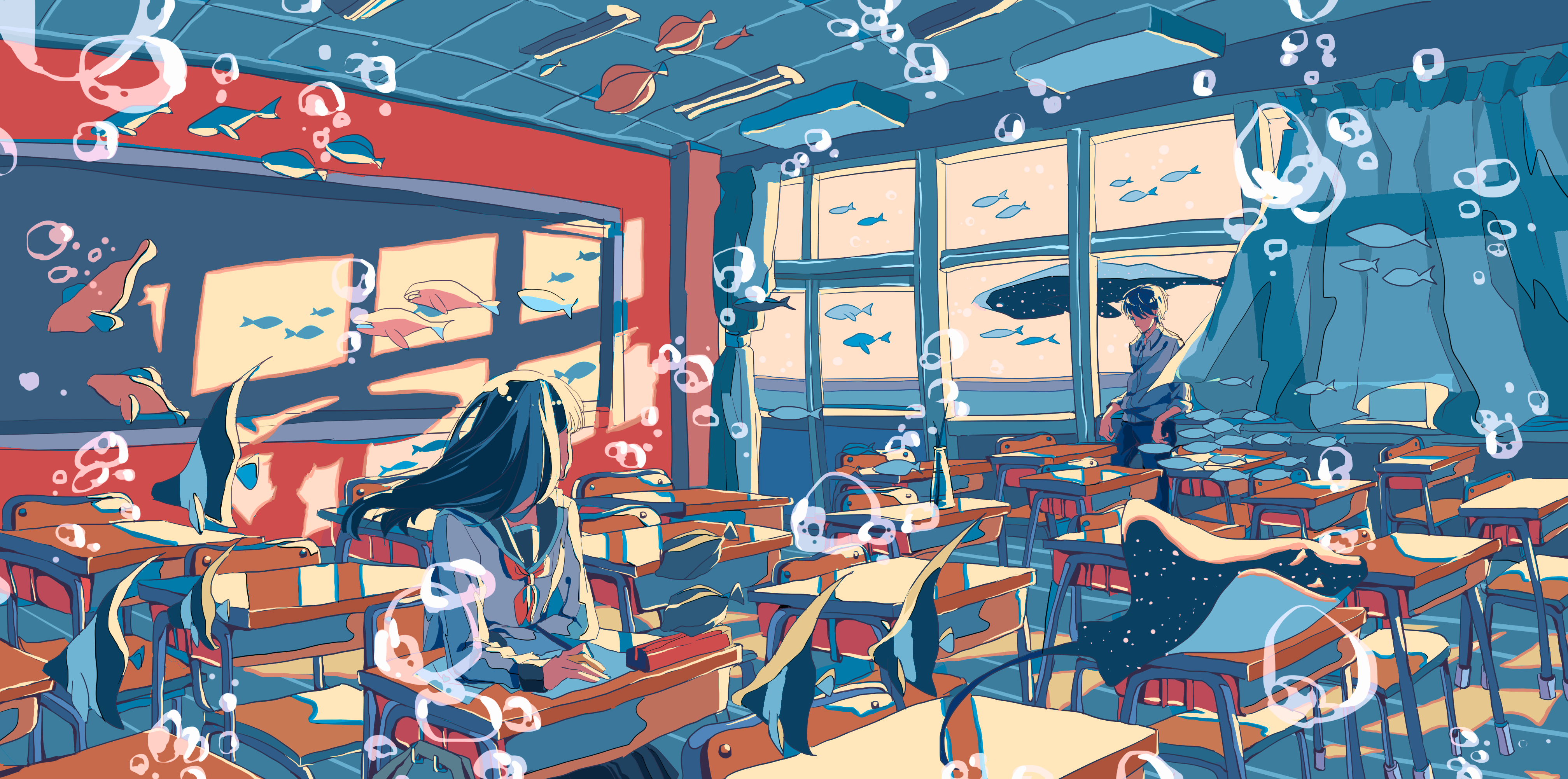 Anime Classroom with Fish and Bubbles HD Wallpaper