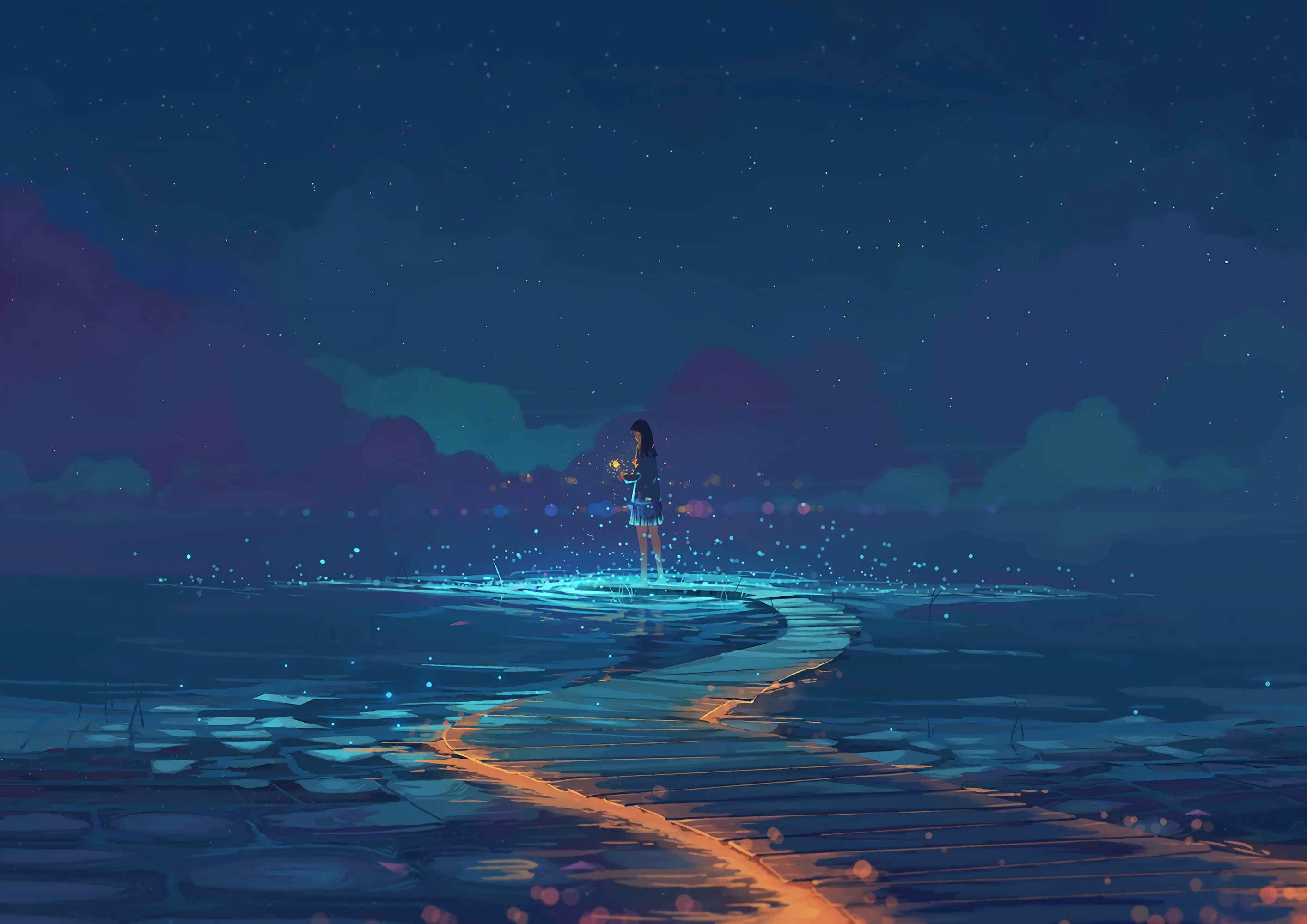 Anime girl on a glowing path under a starry sky HD Wallpaper