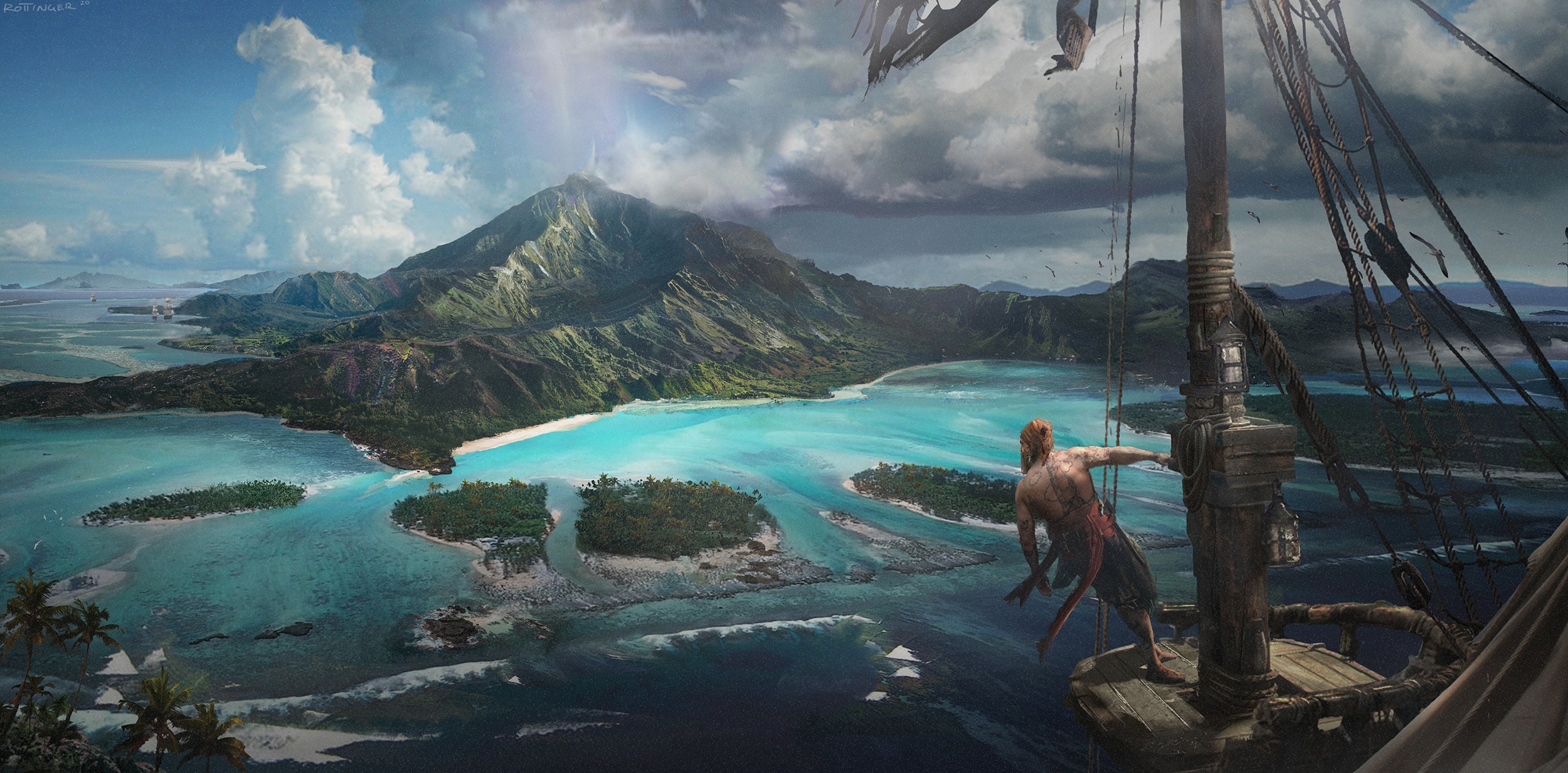 Blake Rottinger illustration of a pirate ship at sea near islands HD Wallpaper