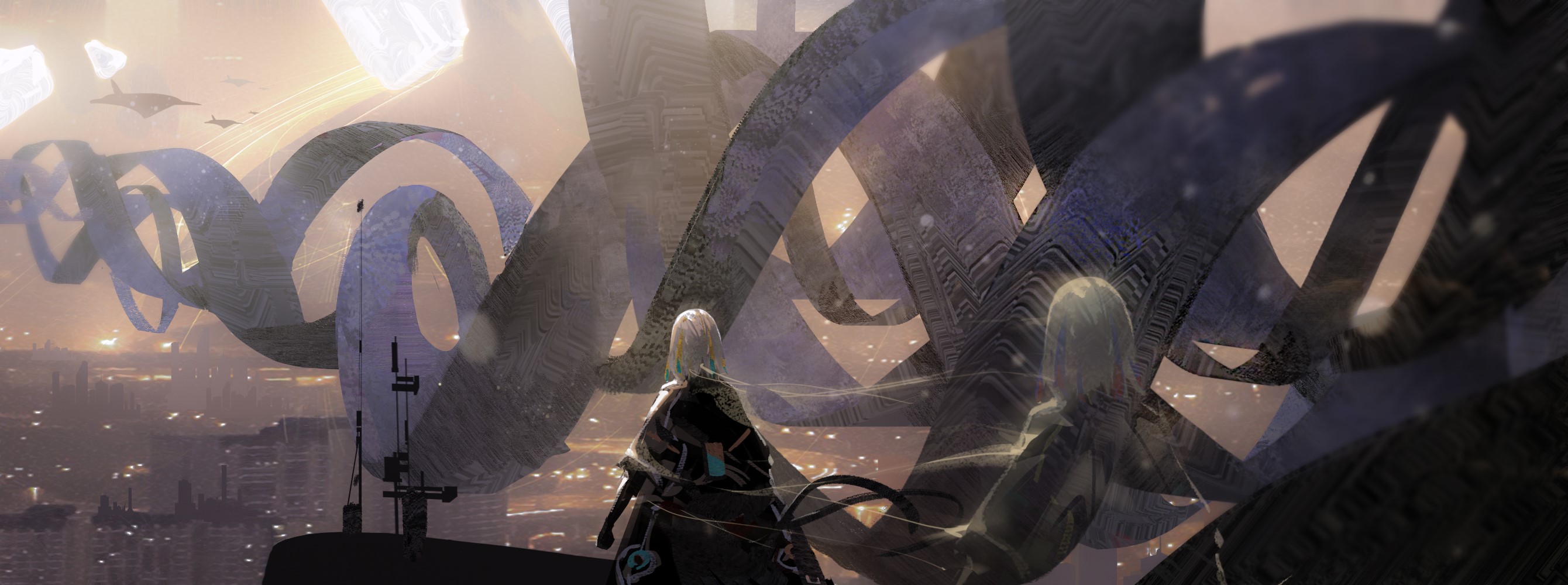 Anime characters in a futuristic city with DNA structures HD Wallpaper
