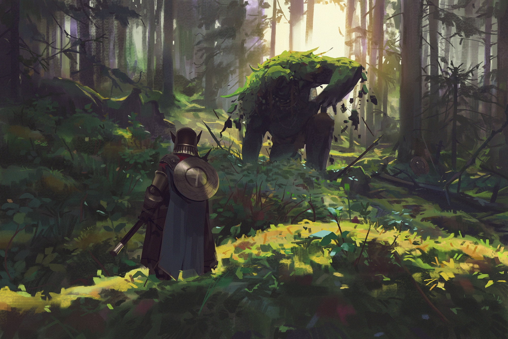 Warrior facing a moss-covered giant in a forest HD Wallpaper