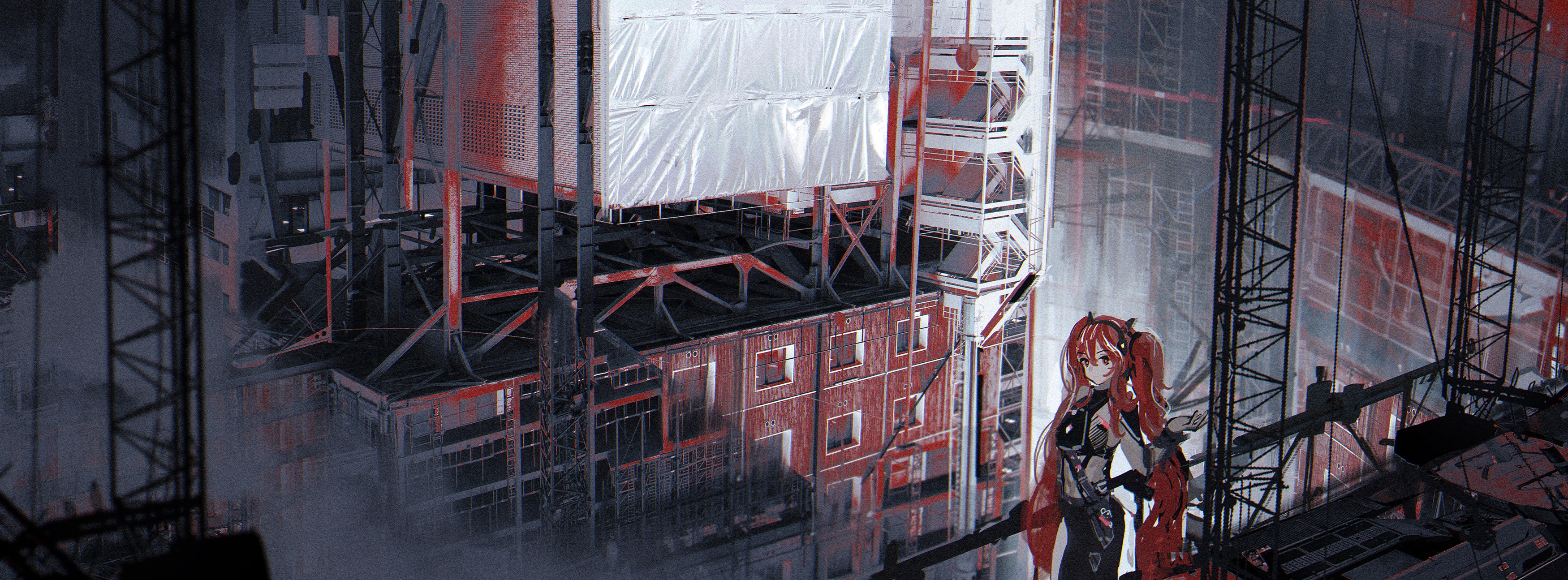 Anime girl with red hair in a dystopian city HD Wallpaper