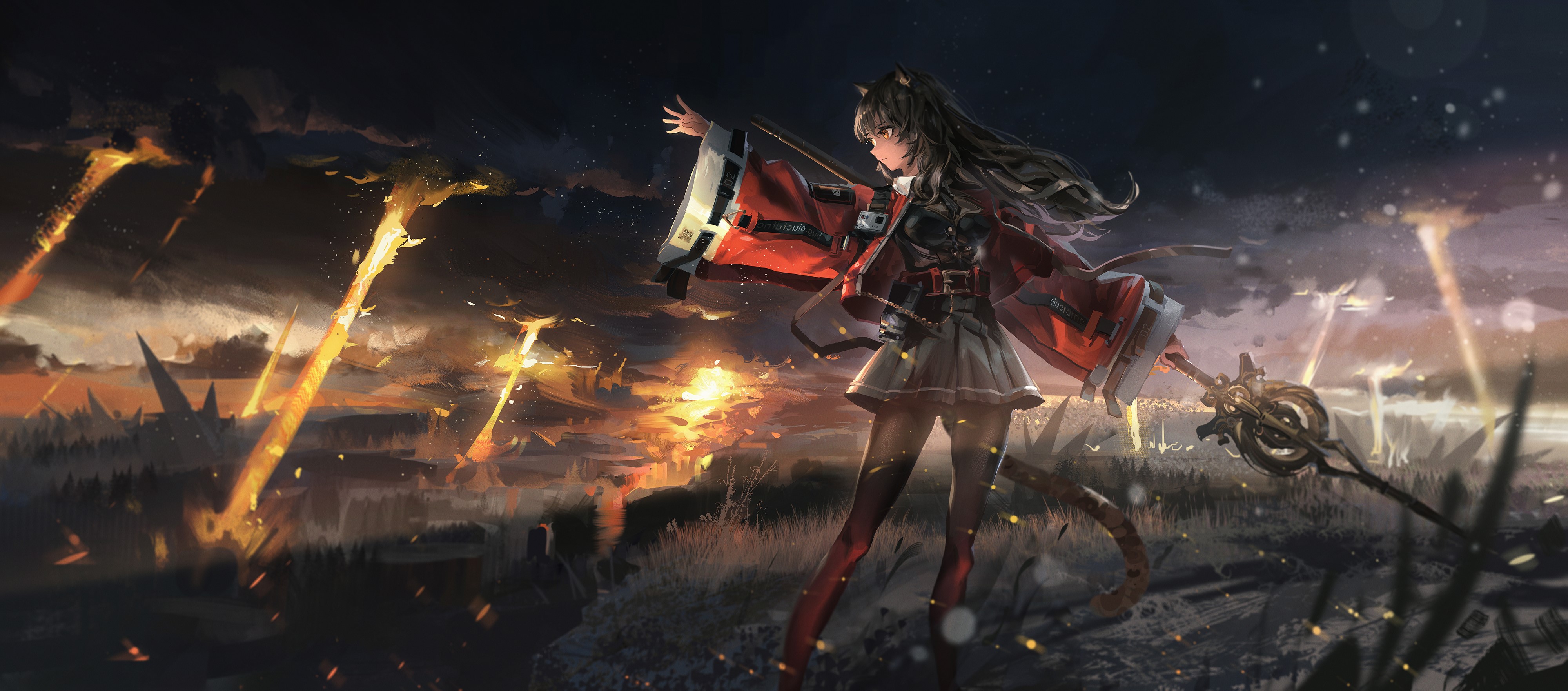 Skyfire from Arknights in a fiery landscape HD Wallpaper