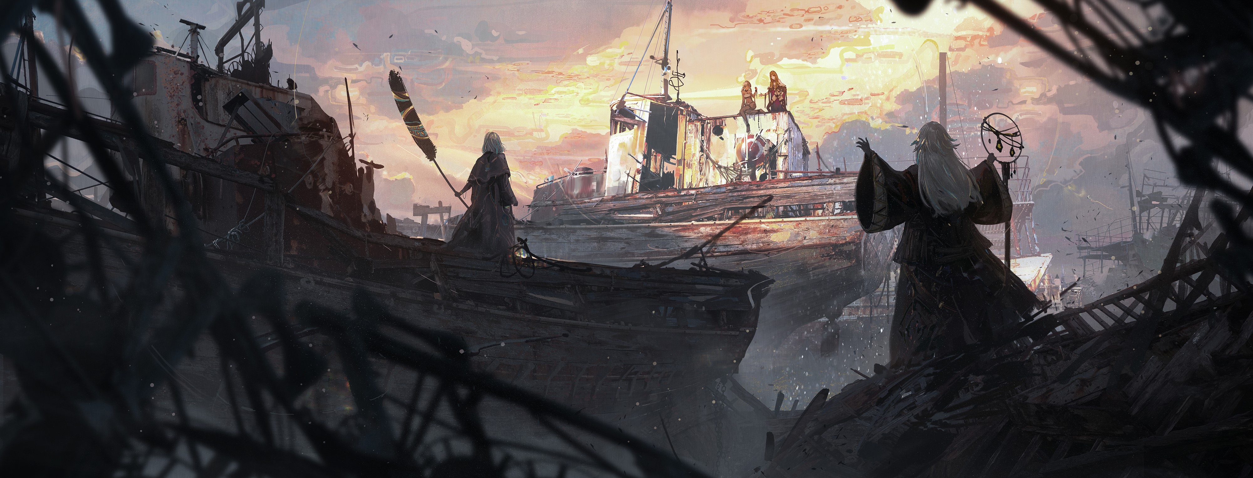 Anime characters in a ship graveyard HD Wallpaper