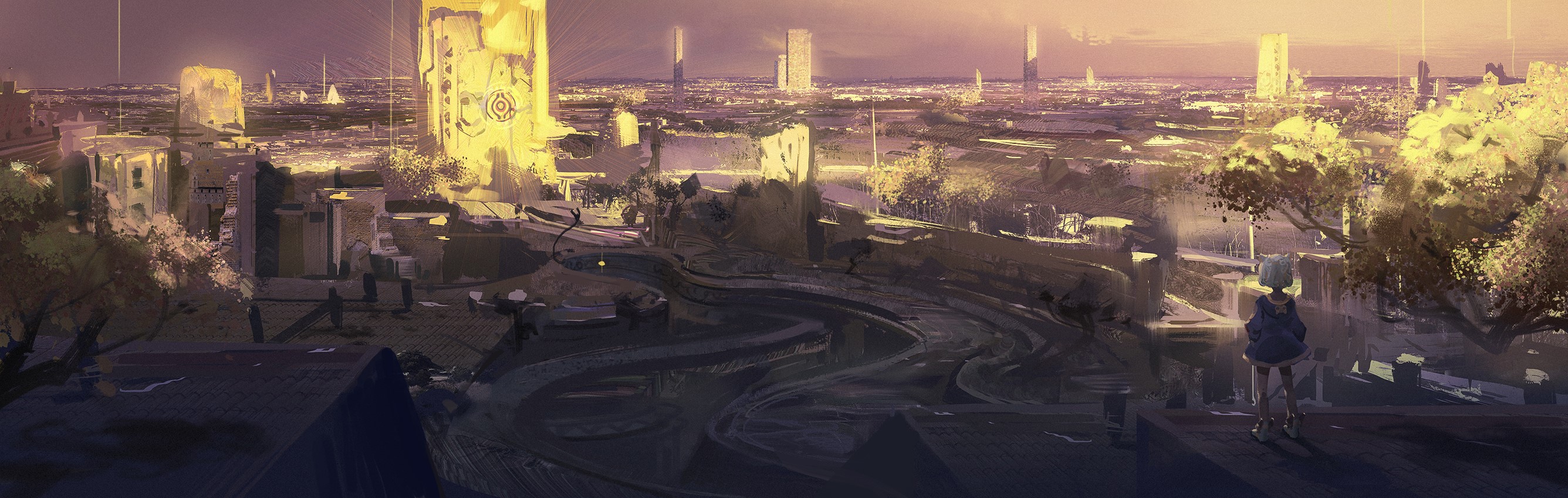 Futuristic cityscape with towering buildings and a winding road HD Wallpaper