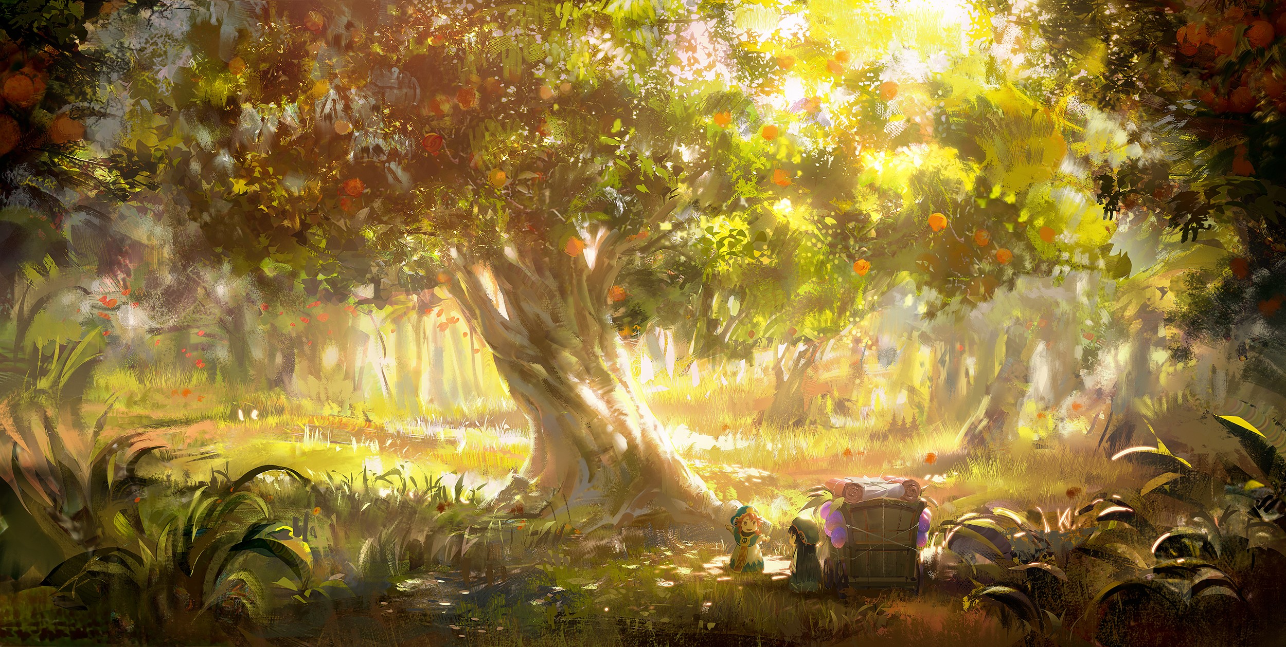 Artwork of a forest with orange trees and two figures HD Wallpaper