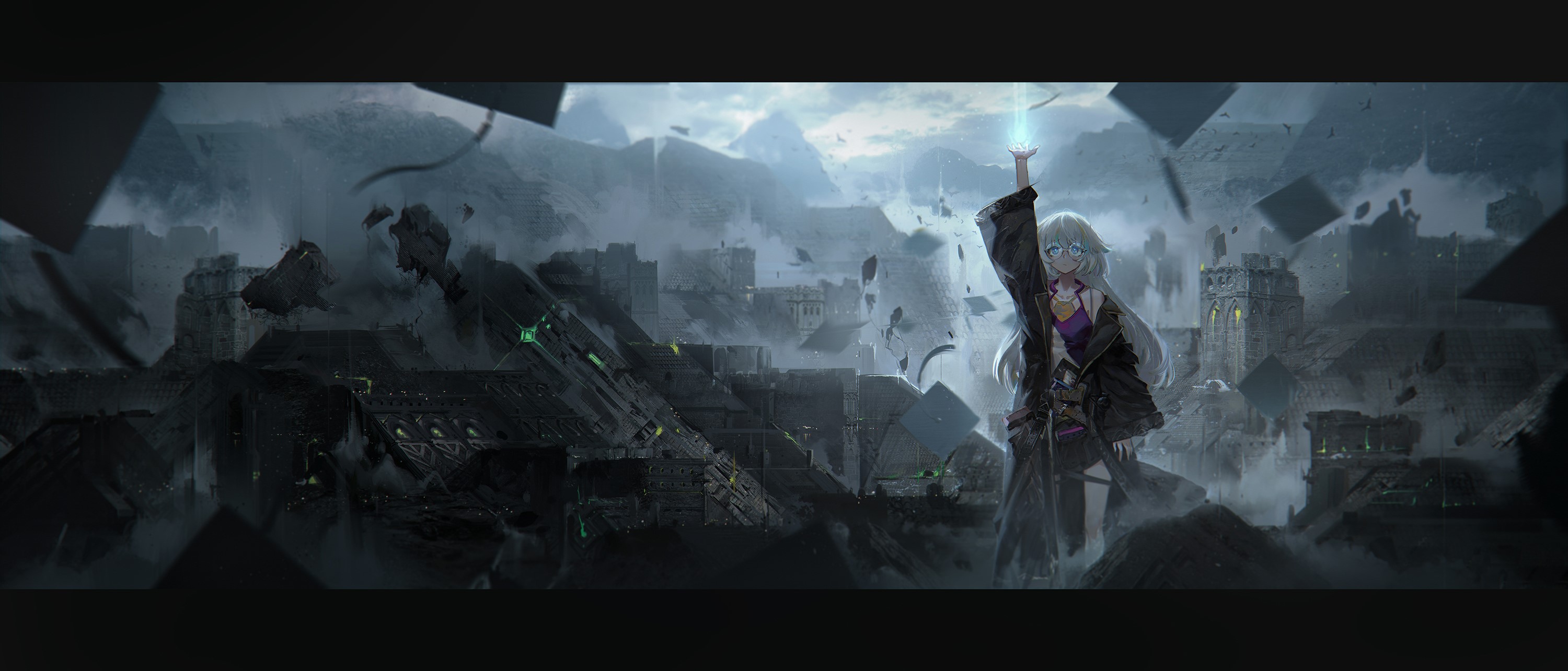 Anime girl with magic staff in ruined city HD Wallpaper