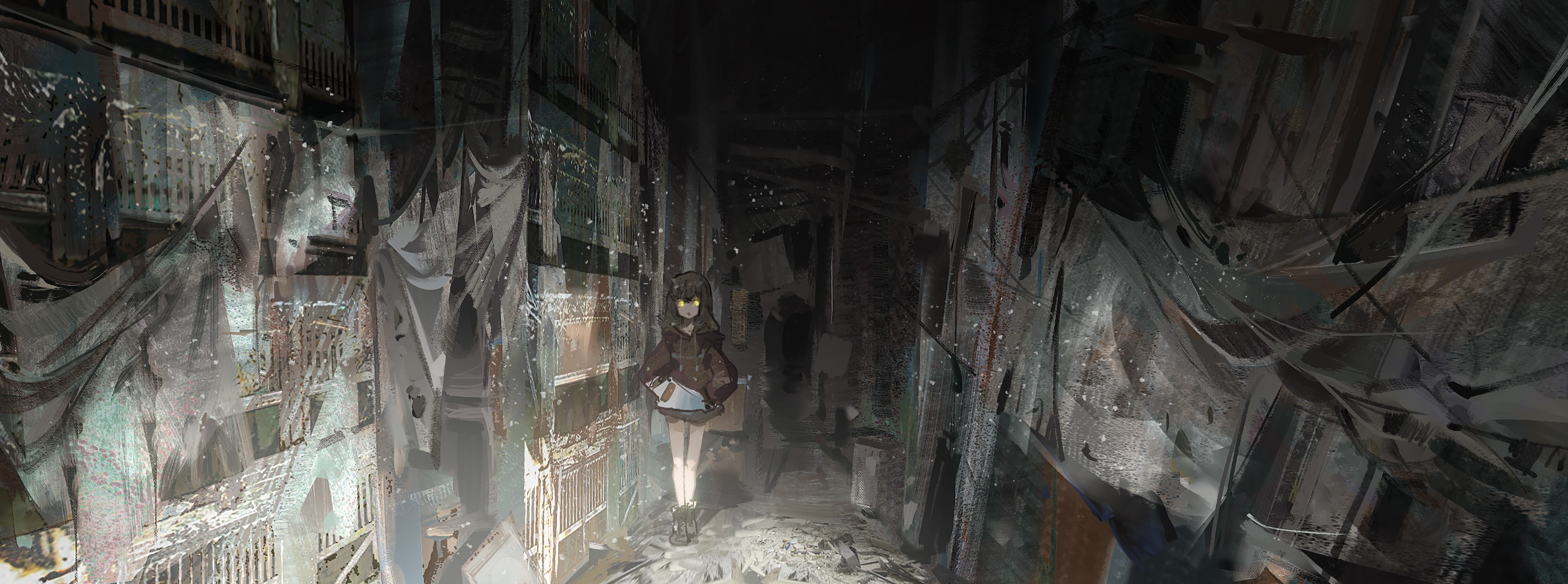 Girl in a ruined city alleyway HD Wallpaper