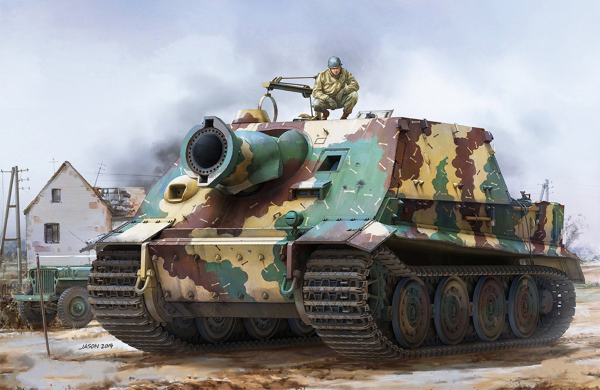 German Sturmtiger tank with soldier in camouflage HD Wallpaper