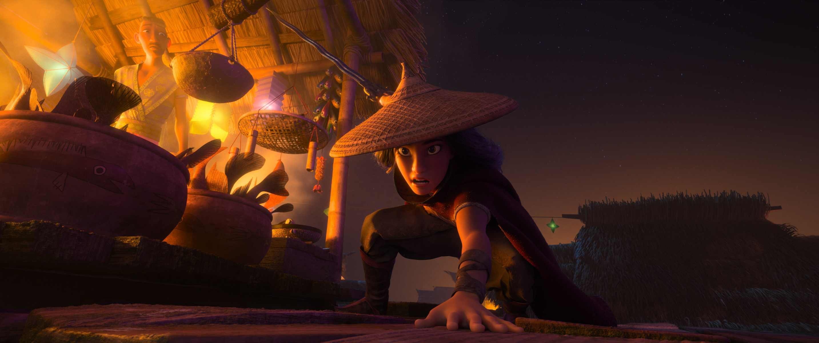 Raya in a straw hat crouches in a village at night HD Wallpaper