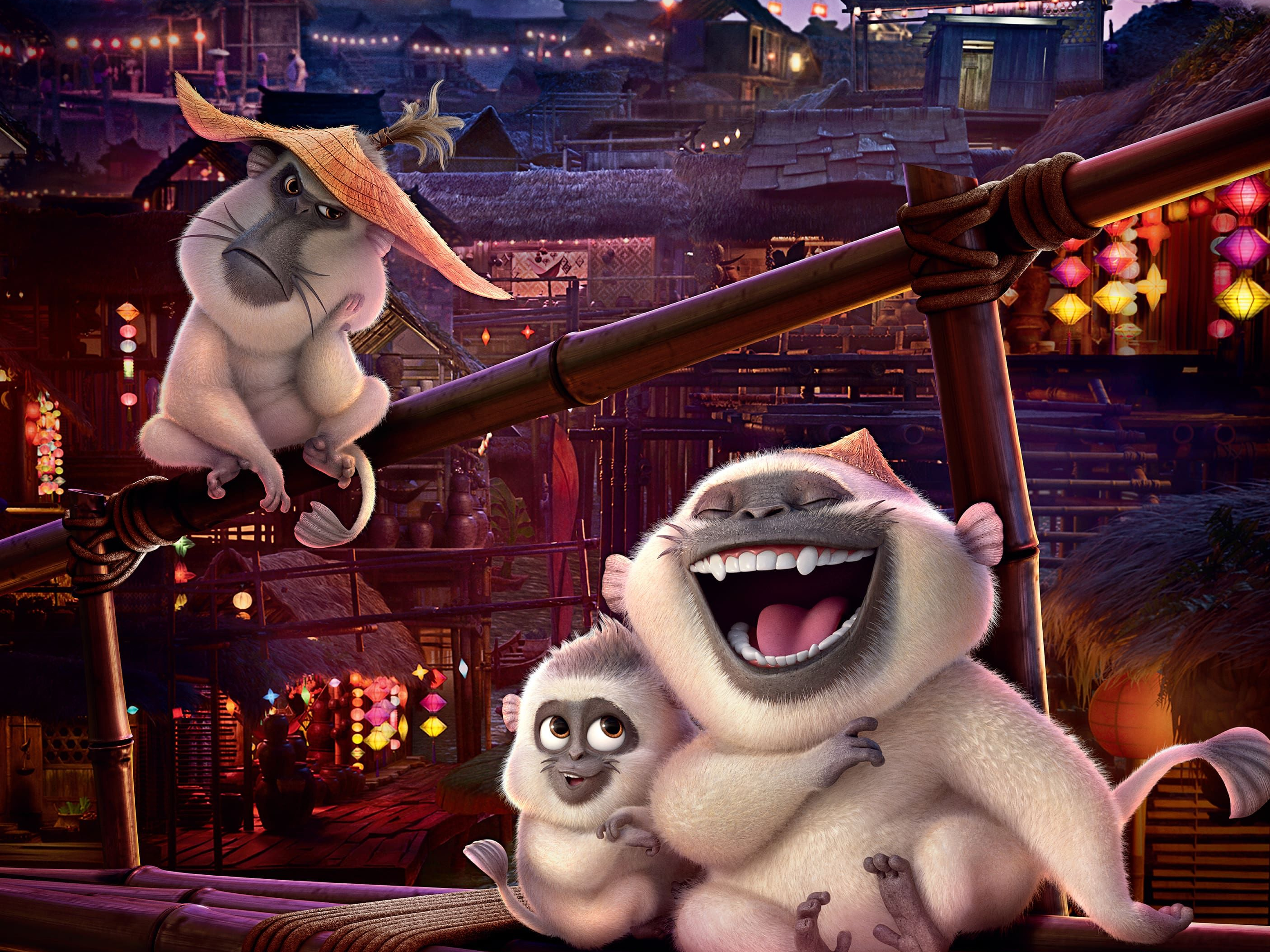 Three monkeys in a village at night HD Wallpaper