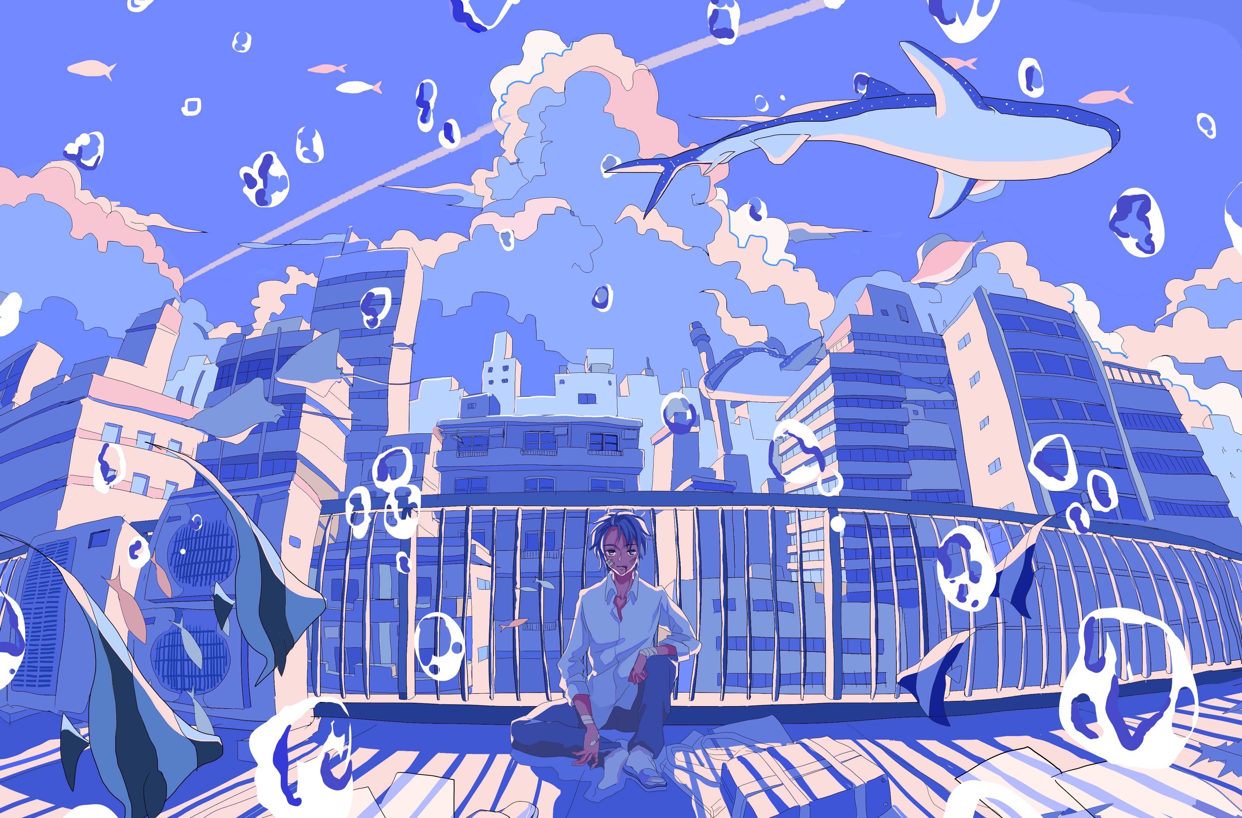 Anime boy on a rooftop with a whale shark in the sky HD Wallpaper