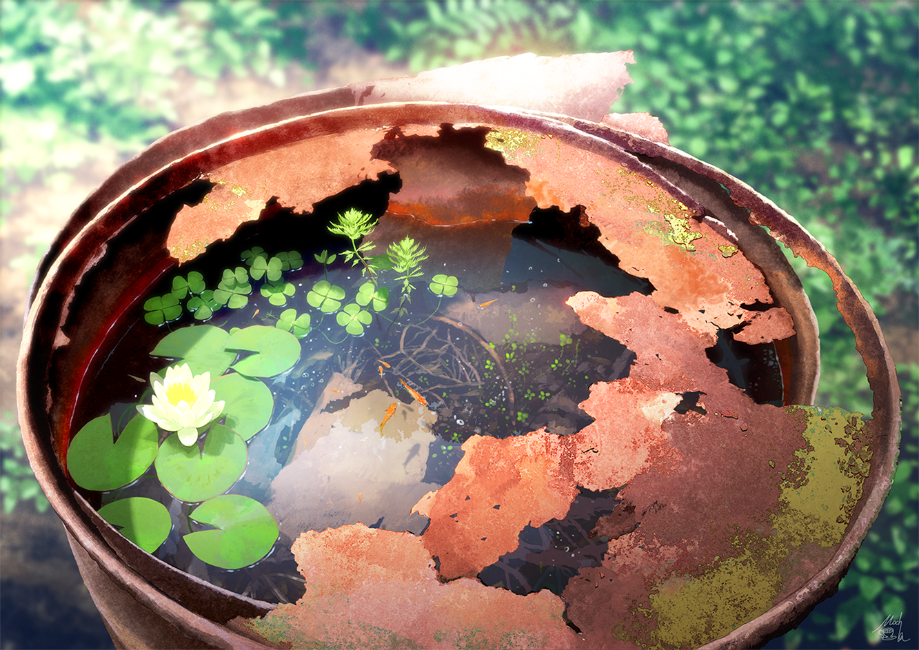 Digital art of a rusty bucket pond with goldfish and water lilies HD Wallpaper