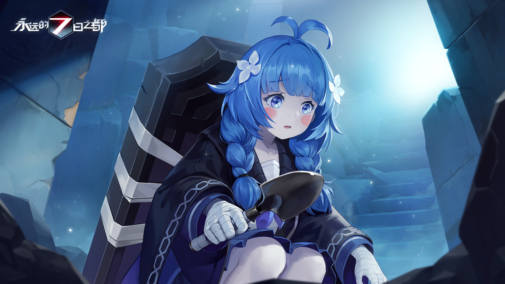 Girl with blue hair from Forever 7th Capital holding a shovel HD Wallpaper