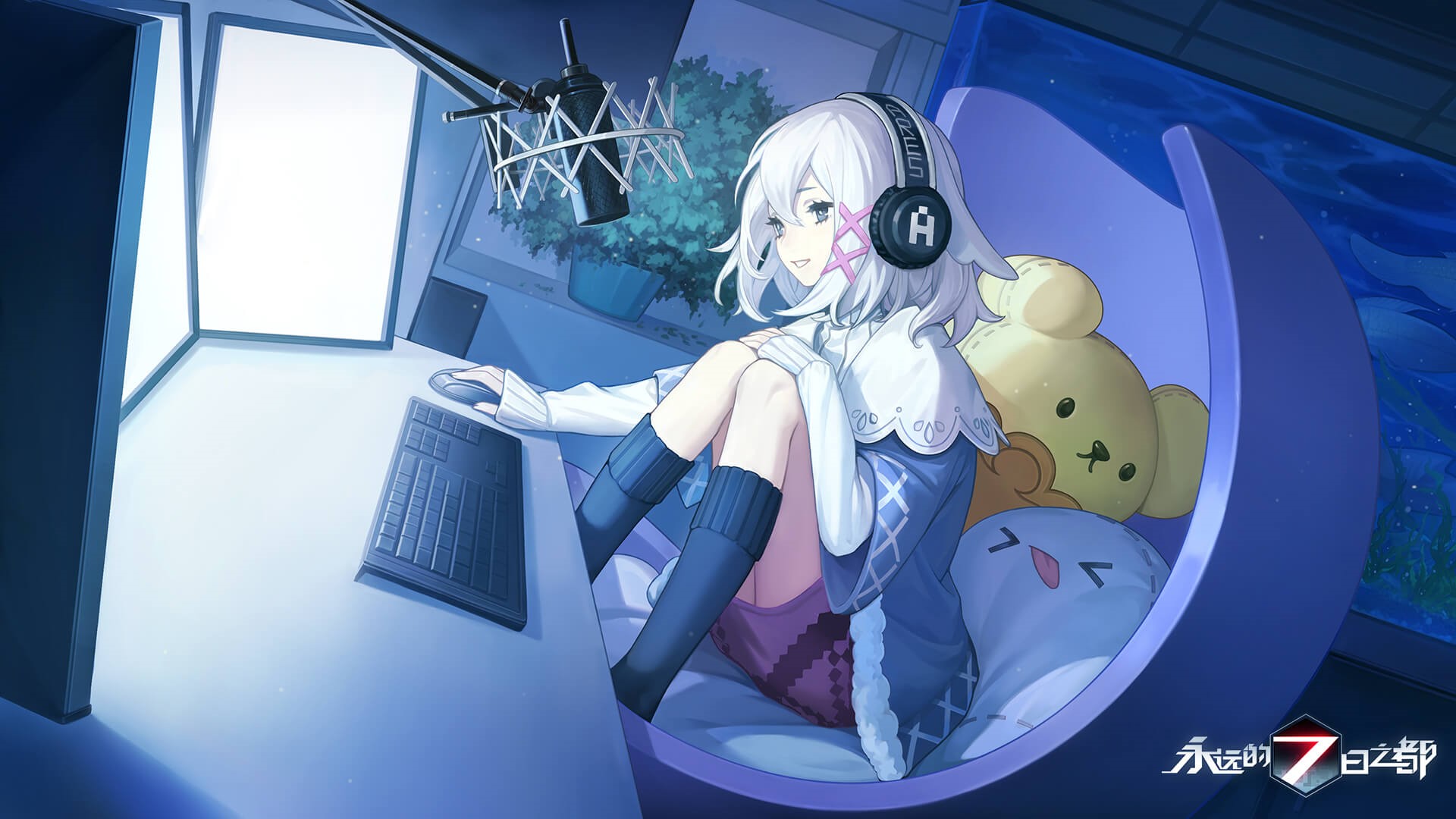 Anime girl with headphones at computer in Forever 7th Capital HD Wallpaper