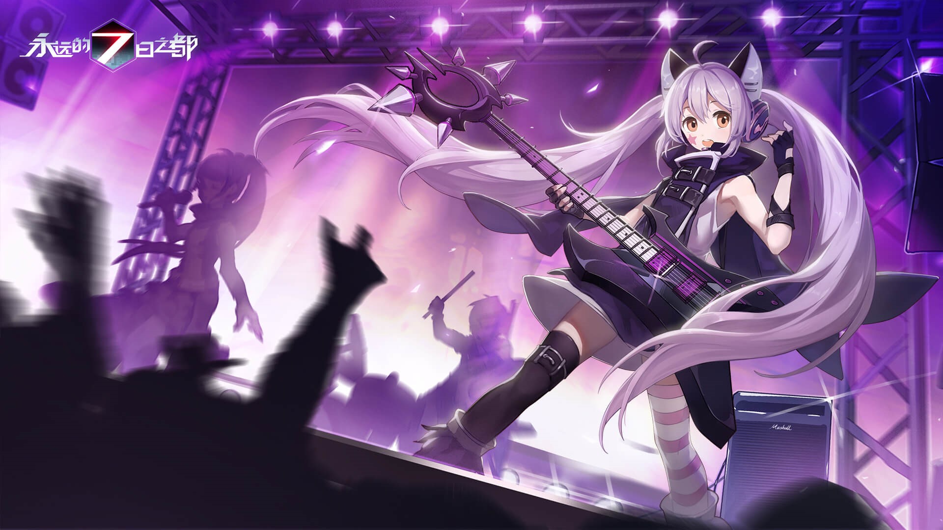 Anime girl with cat ears playing guitar on stage HD Wallpaper