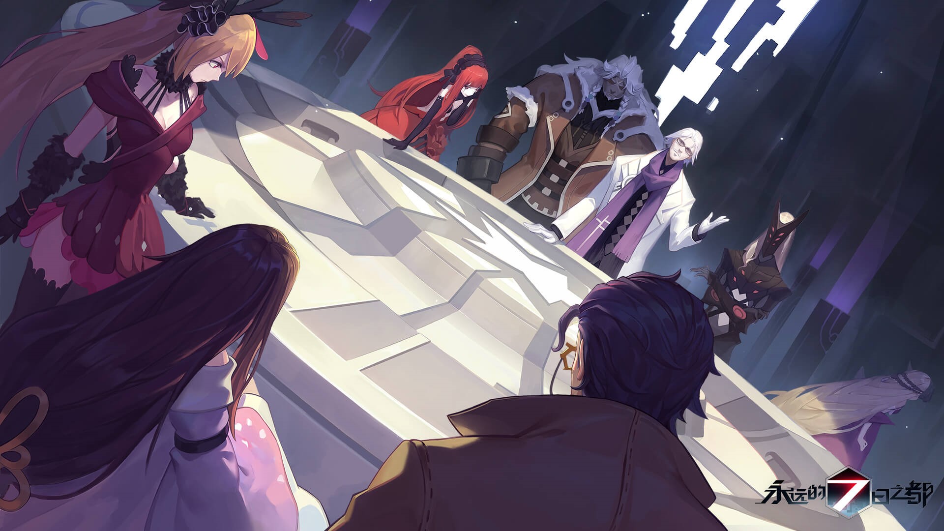 Characters from Forever 7th Capital gathered around a structure HD Wallpaper