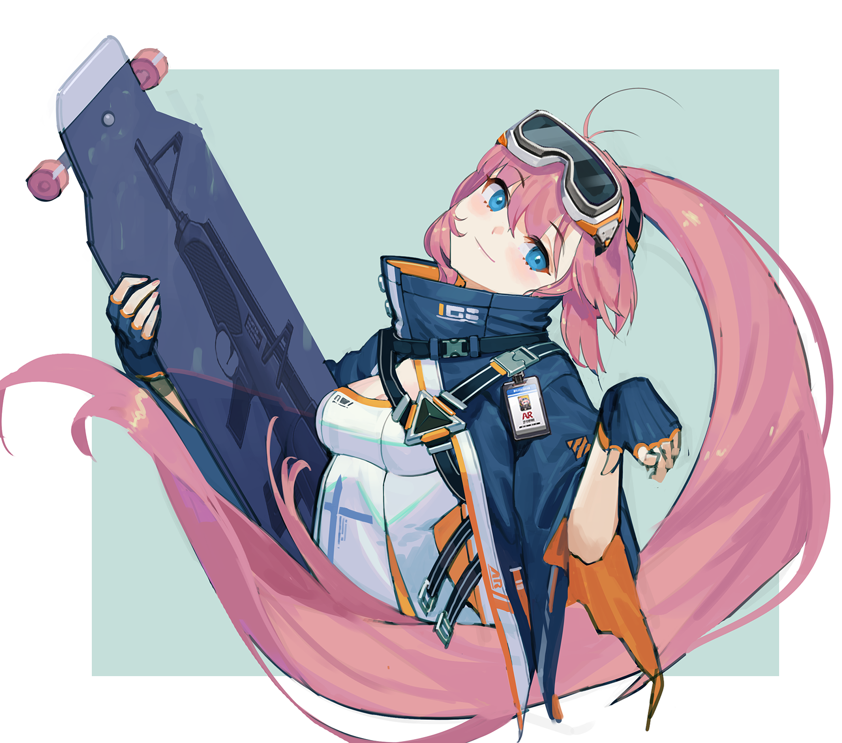 Anime girl with pink hair holding a skateboard with a gun design HD Wallpaper