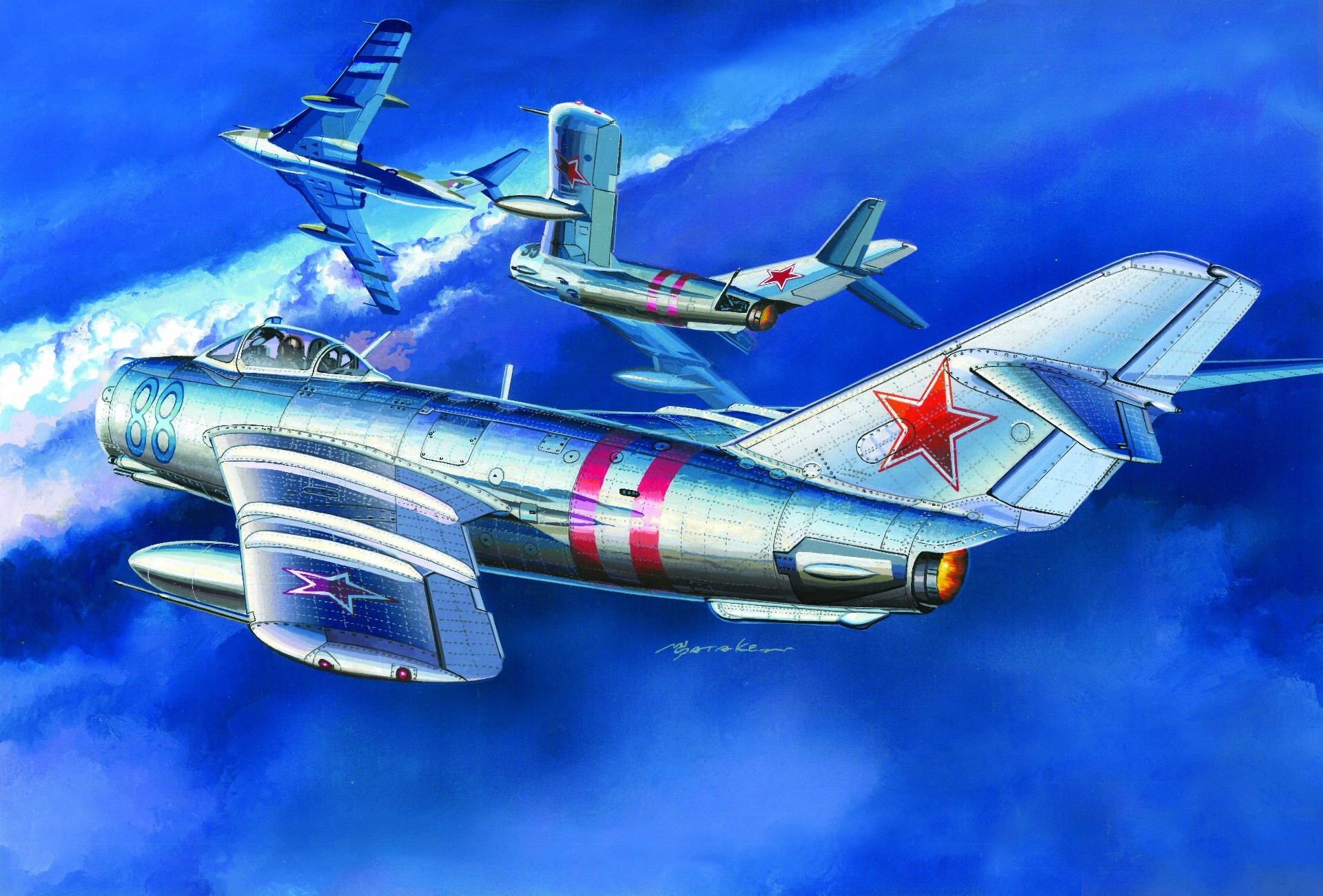 Three Soviet MiG-15 fighter jets in flight HD Wallpaper