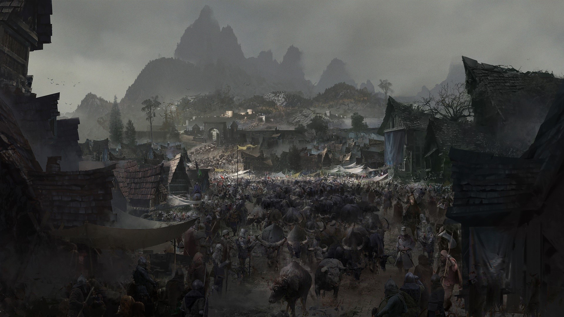 Medieval village market with buffalo and people HD Wallpaper