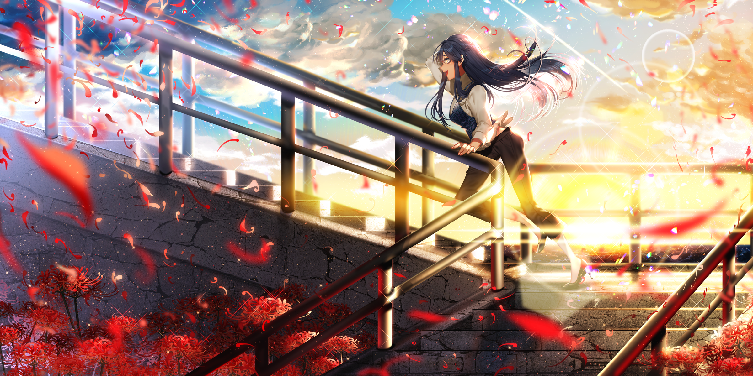 Anime girl on stairs during sunset with falling petals HD Wallpaper
