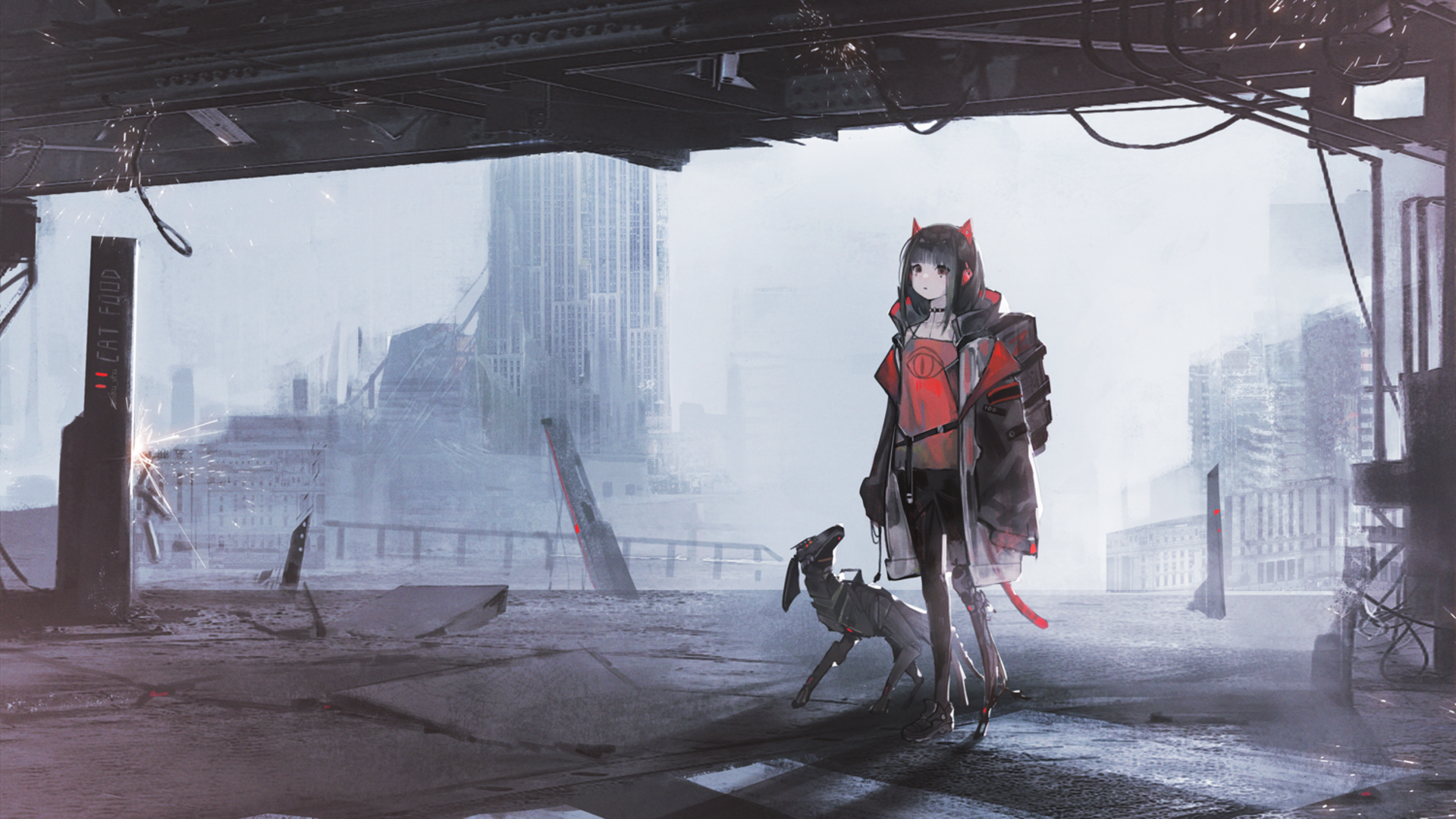 Anime girl with red horns and dog in ruined city HD Wallpaper