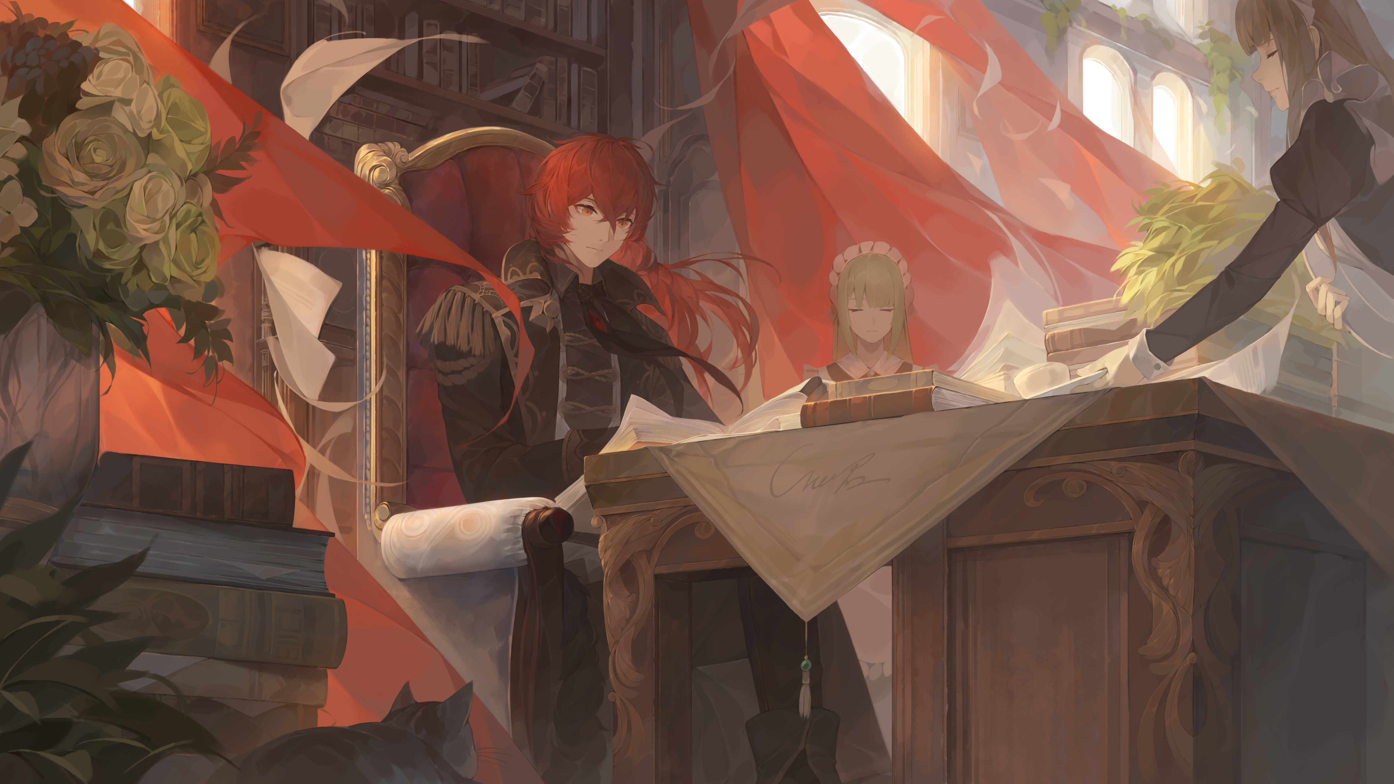 Diluc and maids in a library with red drapery HD Wallpaper