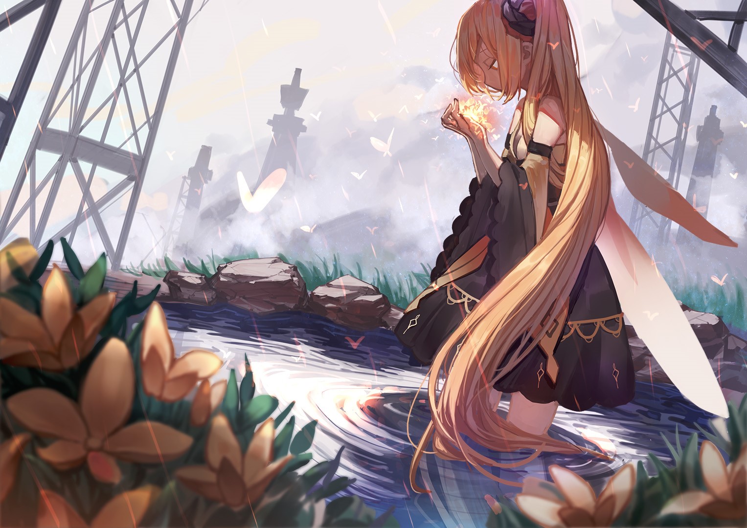 Anime girl with blonde hair holding a glowing orb HD Wallpaper