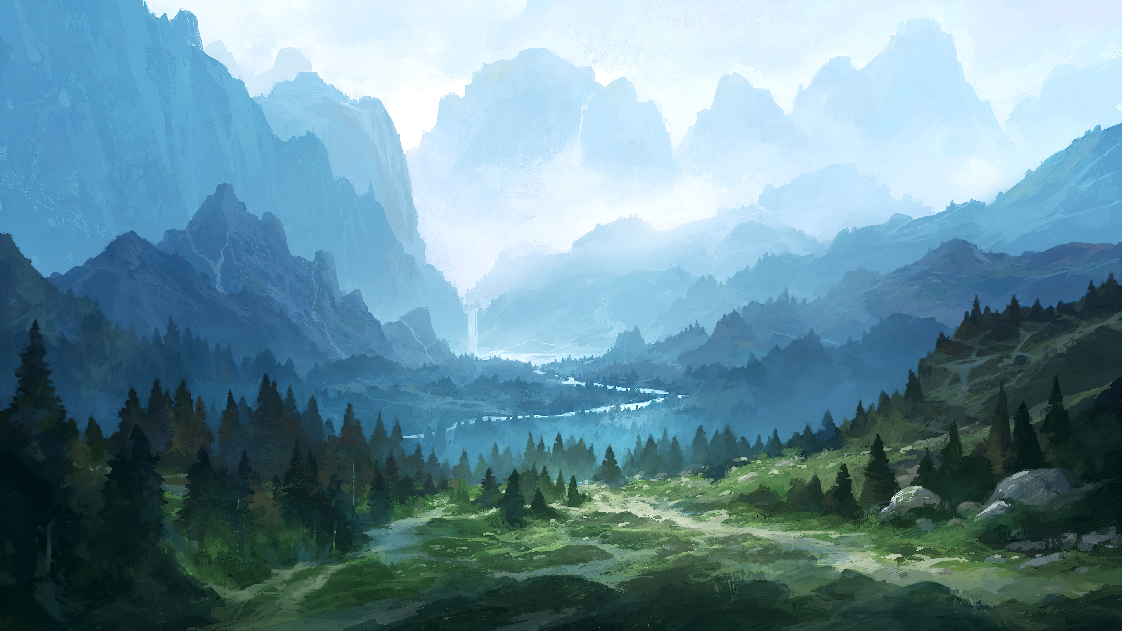 Digital art of a mountain valley with a river and forest HD Wallpaper