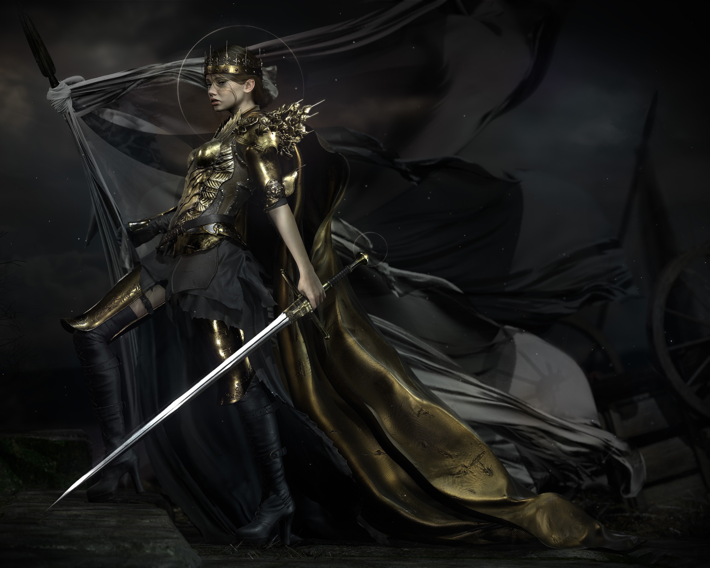 Fantasy girl in golden armor with sword and crown HD Wallpaper